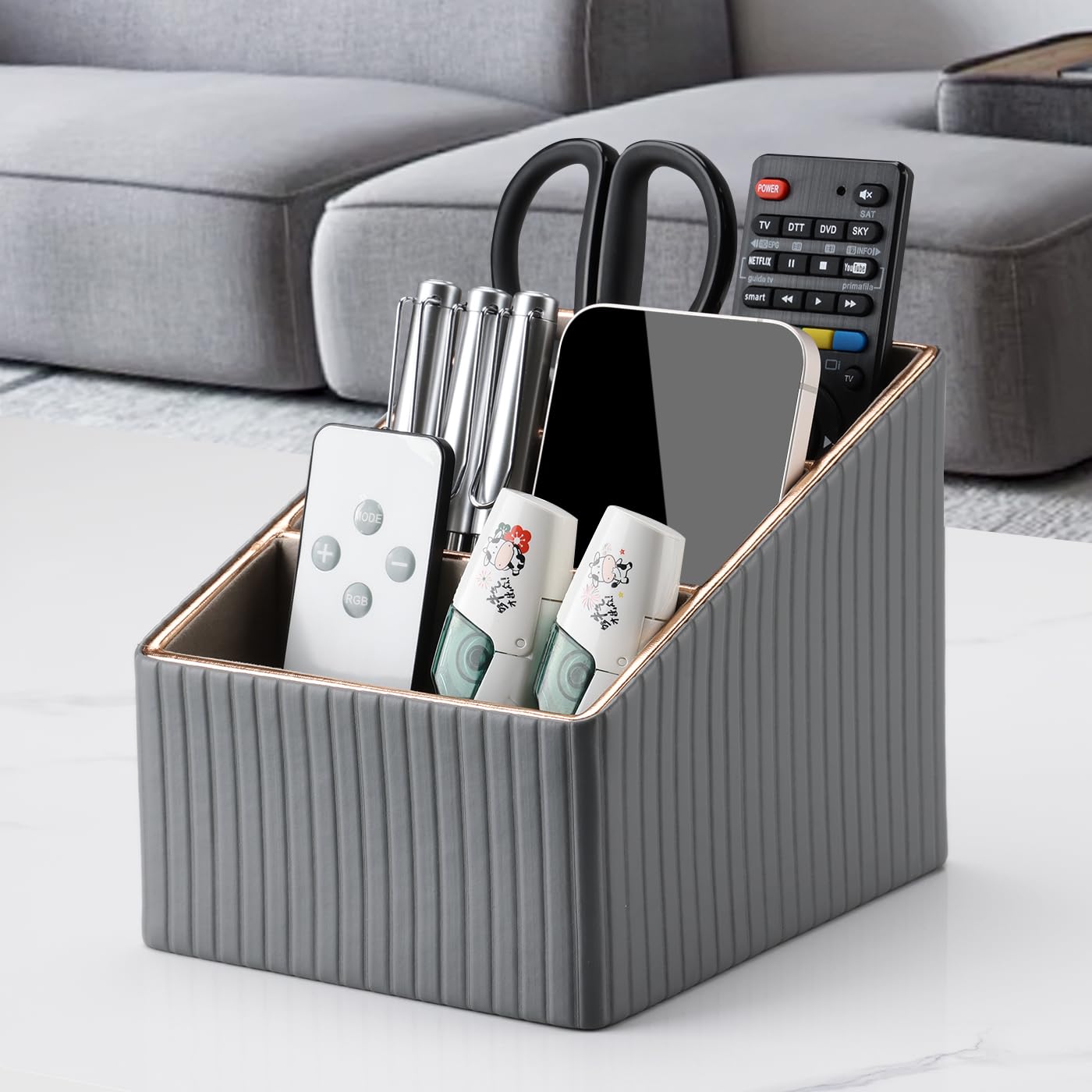 KINGFOM 3 Slot PU Leather Remote Controller Holder, Home Sundries Storage Box, TV Guide/Mail/CD Organizer/Caddy/Holder with Free Cable Desk Organizer (Gray)