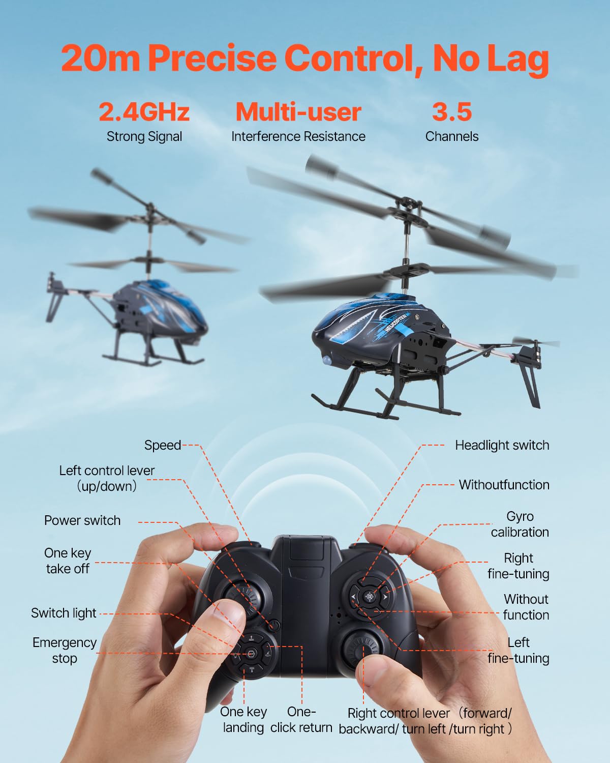 VEVOR RC Helicopter, 2.4GHz Flying Remote Control Helicopter, 3.5 Channel RC Airplane for Kid, 16 Mins Flight Time, Altitude Hold, One-Key Takeoff/Landing & LED Lights, Toys for Kids Ages 8 and up