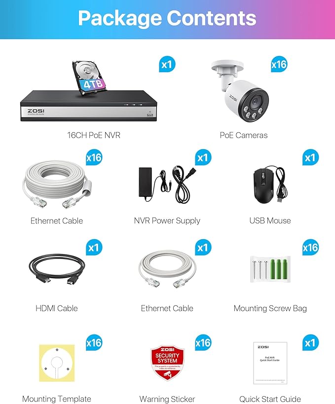 ZOSI 16CH 4K PoE Security Camera System,16pcs 4MP Weatherproof PoE IP Cameras Outdoor Indoor,Smart Human Vehicle Detection,100ft Night Vision,16 Channel 8MP/4K NVR with 4TB HDD for 24/7 Recording
