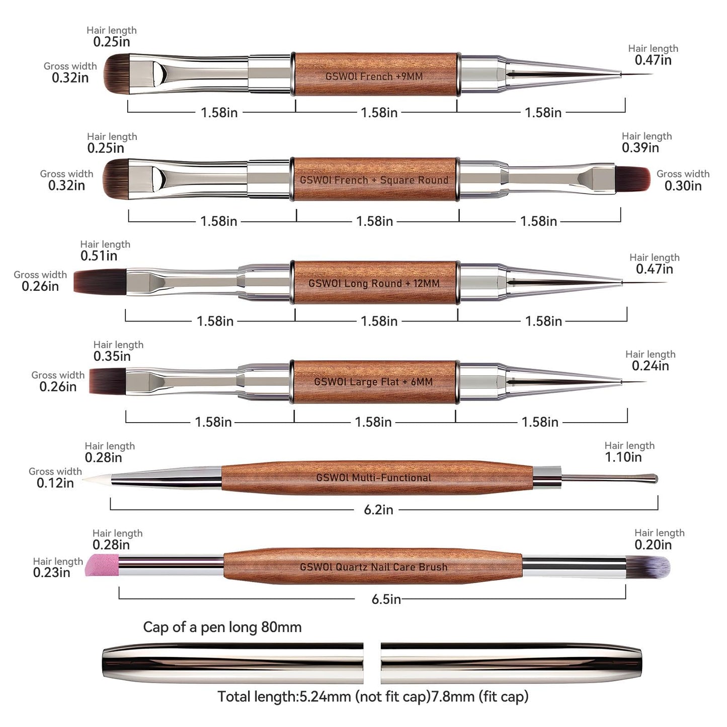 GSWOI Dual Head Acrylic Nail Brush-Large Flat & 6mm Liner for Builder Gel,Polygel & Design-Wood Handle & Metal Caps