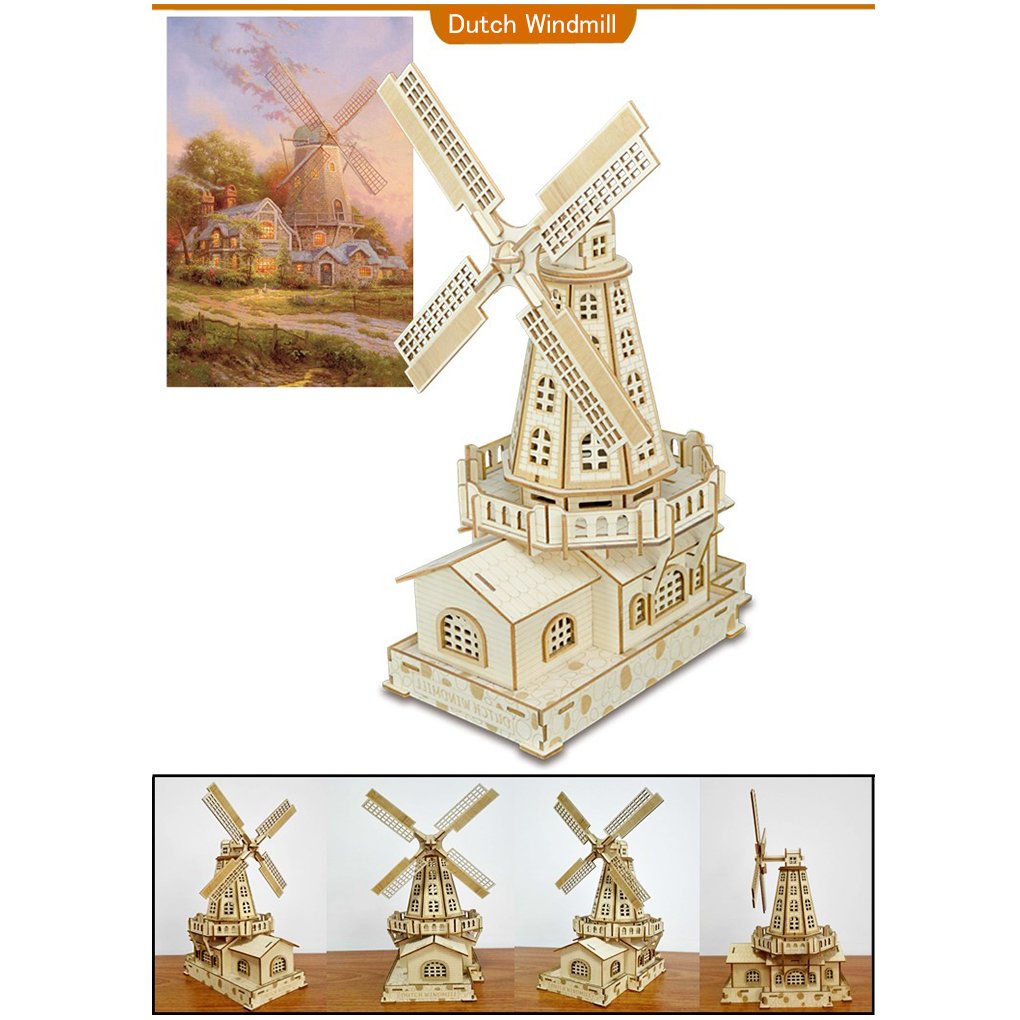 Bitopbi 3D Wooden Puzzles Laser Engraving DIY Safe Assembly Constructor Kit Toy for Teens and Adults, World Famous Buildings Mechanical 3-D Models for Self-Assembly (C2 Dutch Windmill)