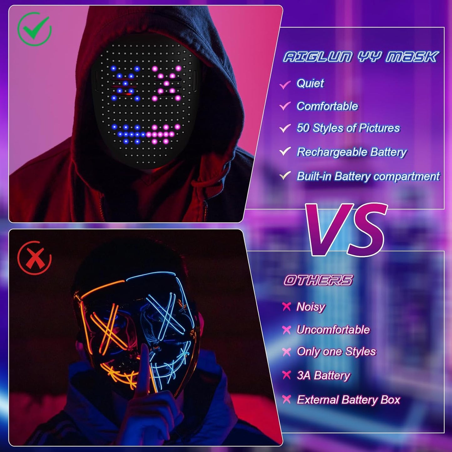AIGLUN LED Face Transforming Mask with Gesture Control Fun - Cool stuff Halloween Cosplay and Christmas Parties
