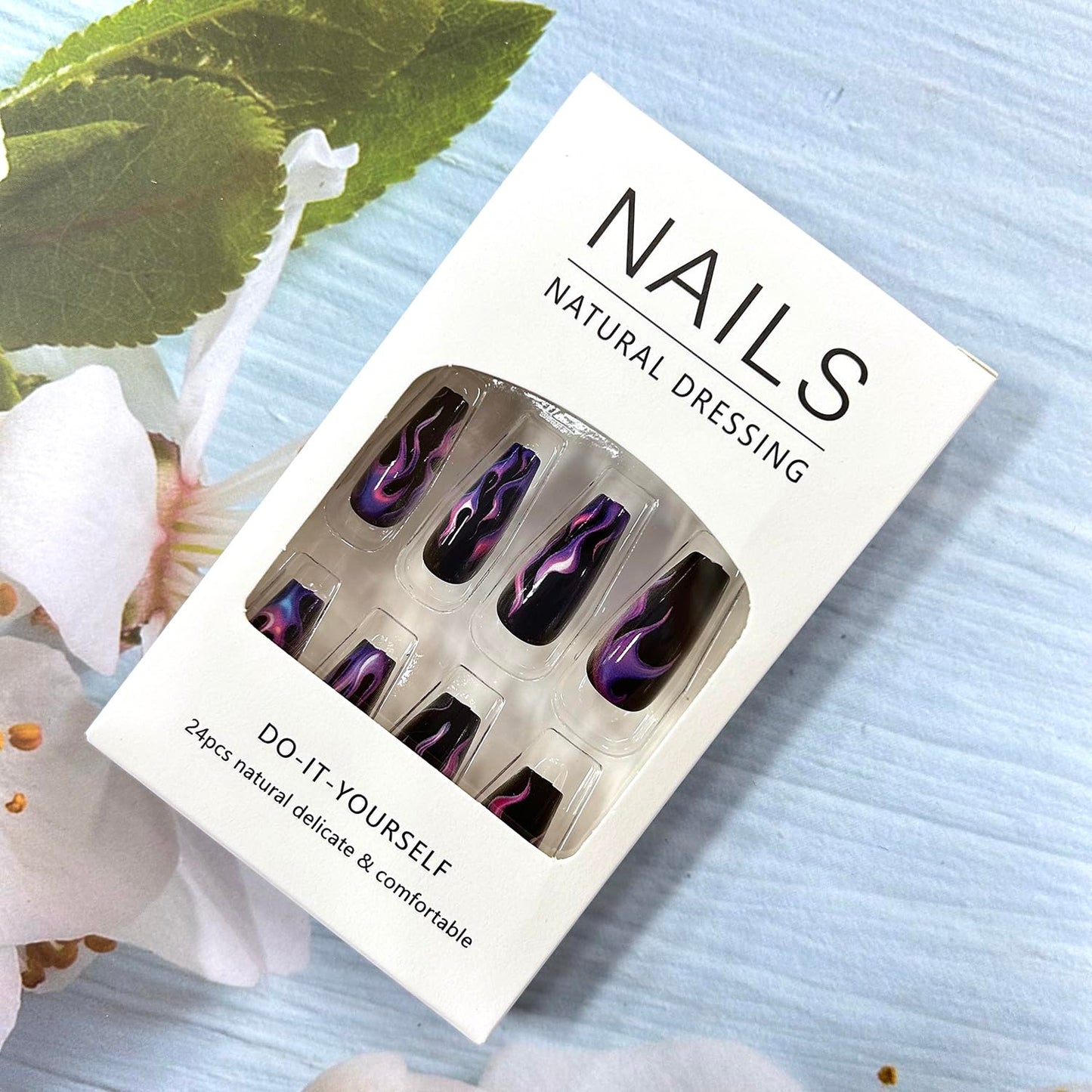 CJDLTS Purple Flame Press on Nails Medium Ballet Shaped Black Acrylic False Nail Full Cover Glossy Artificial Stick on Nail Ballet Press Ons Artificial Fingernails Reusable Glue on Nails for Women