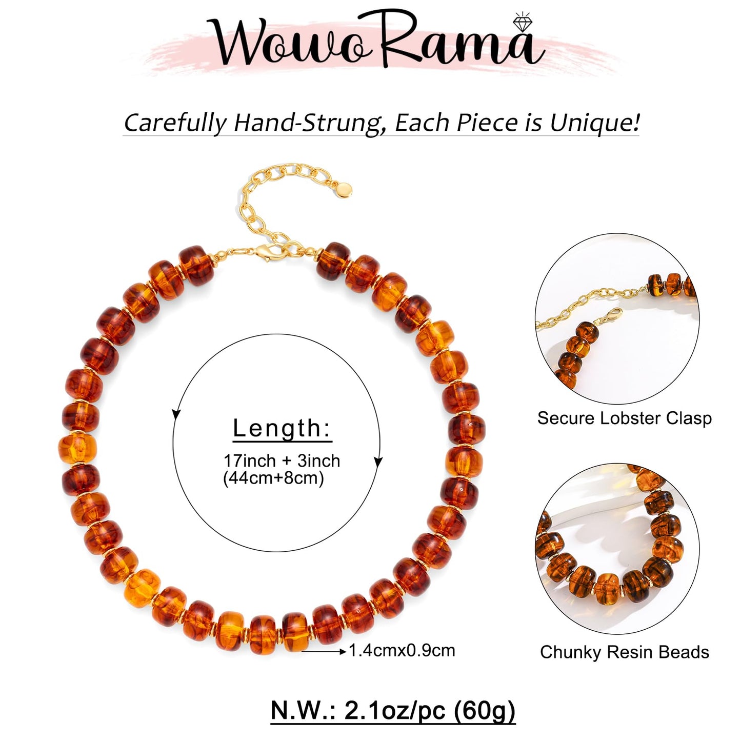WOWORAMA Vintage Brown Beaded Necklace for Women Chunky Resin Beads Necklaces Statement Chunky Choker Necklace Trendy Boho Jewelry