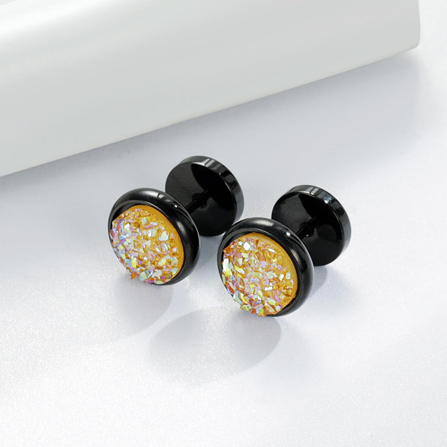 VOLUKA Crystal Stone Stud Earrings Flat Back Non-Nickel Titanium Stainless Steel Hypoallergenic Cartilage Earrings Stud for Sensitive Ears Women Men(Yellow-black)