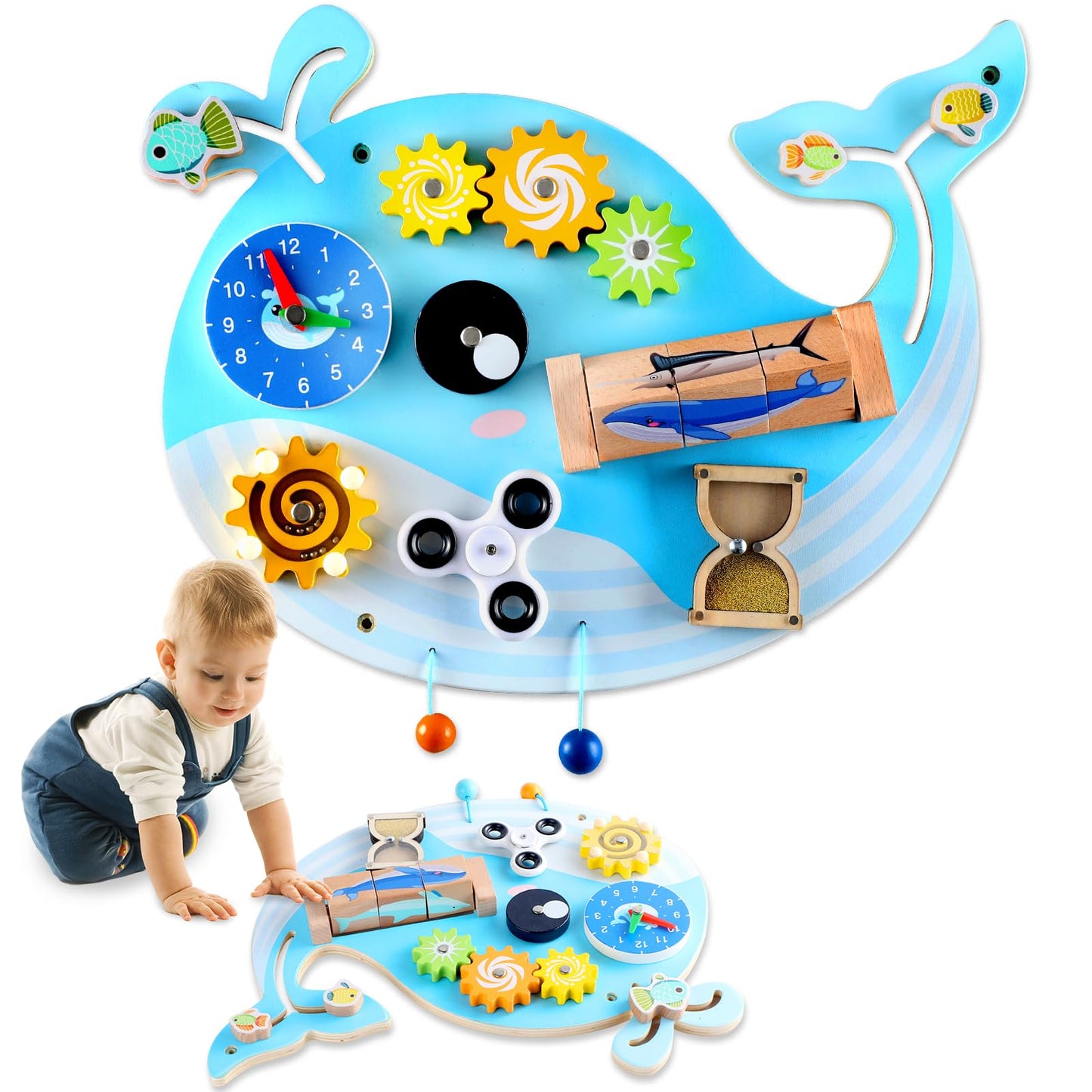 Whale Activity Wall Busy Board Panels, Montessori Sensory Wall Panel for Kids, Toddler Learning Activity Center, Interactive Educational Toys for Playroom Daycare Nursery Classroom Birthday Gifts