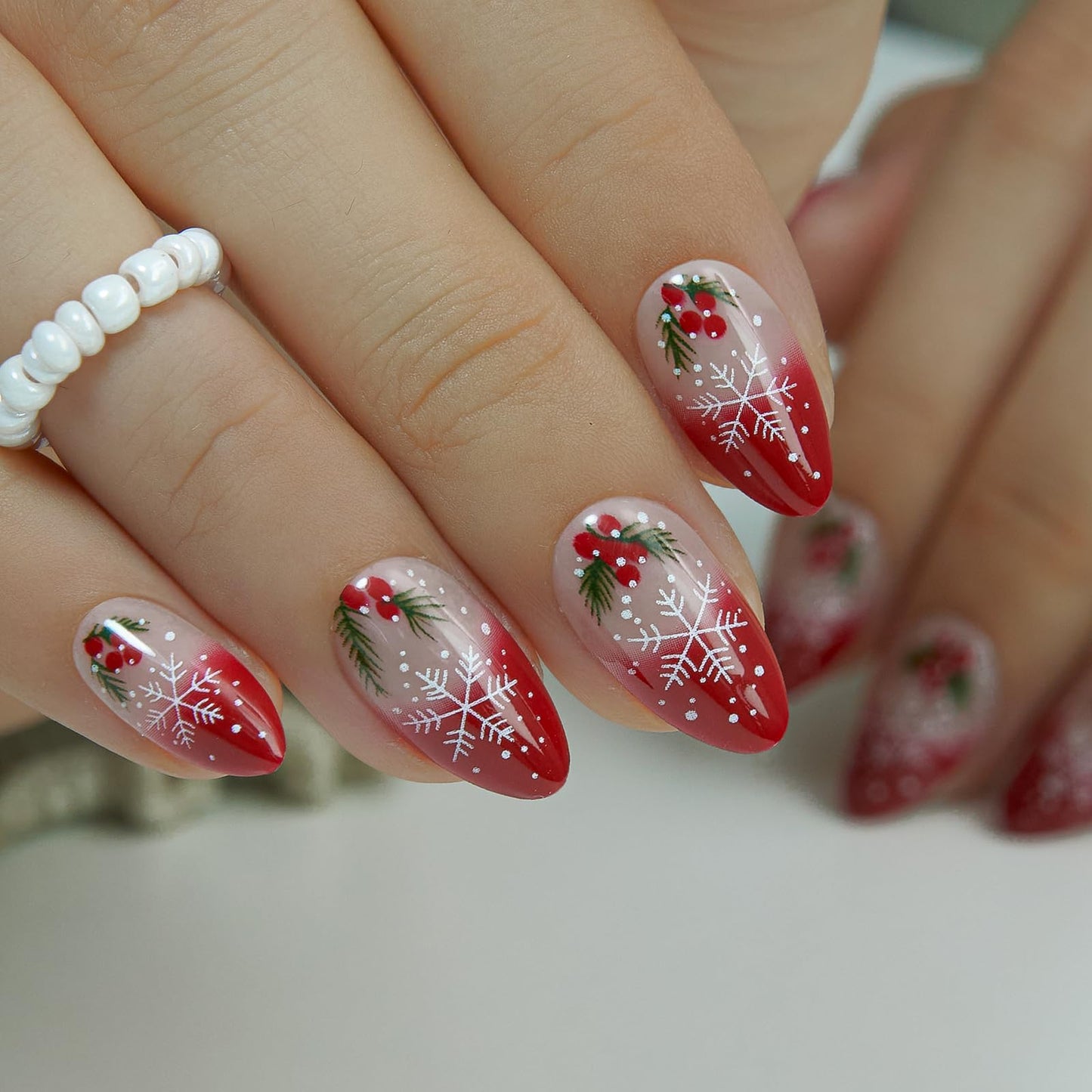 CurvLife Soft Gel Medium Press On Nails – Red French Christmas Snowflake Nails Reusable False Natural Fit Fake Nails Tips Stick Ons, Salon Quality UV Finish