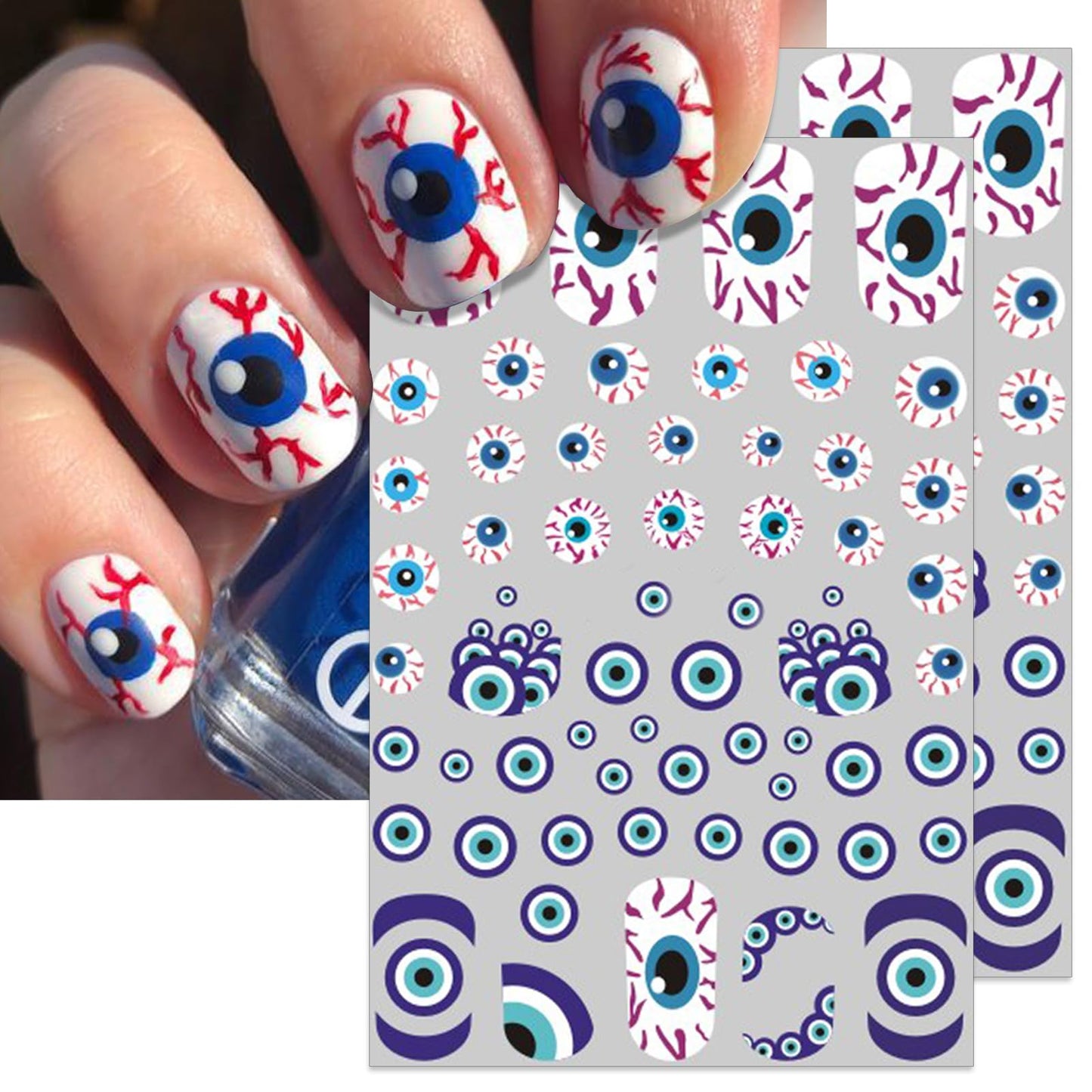 IDDFEVE Halloween Eyeball Nail Stickers - 3D Bloody Horror Eyeball Self-Adhesive Nail Decals for DIY Funny Spooky Manicure (6 Sheets)