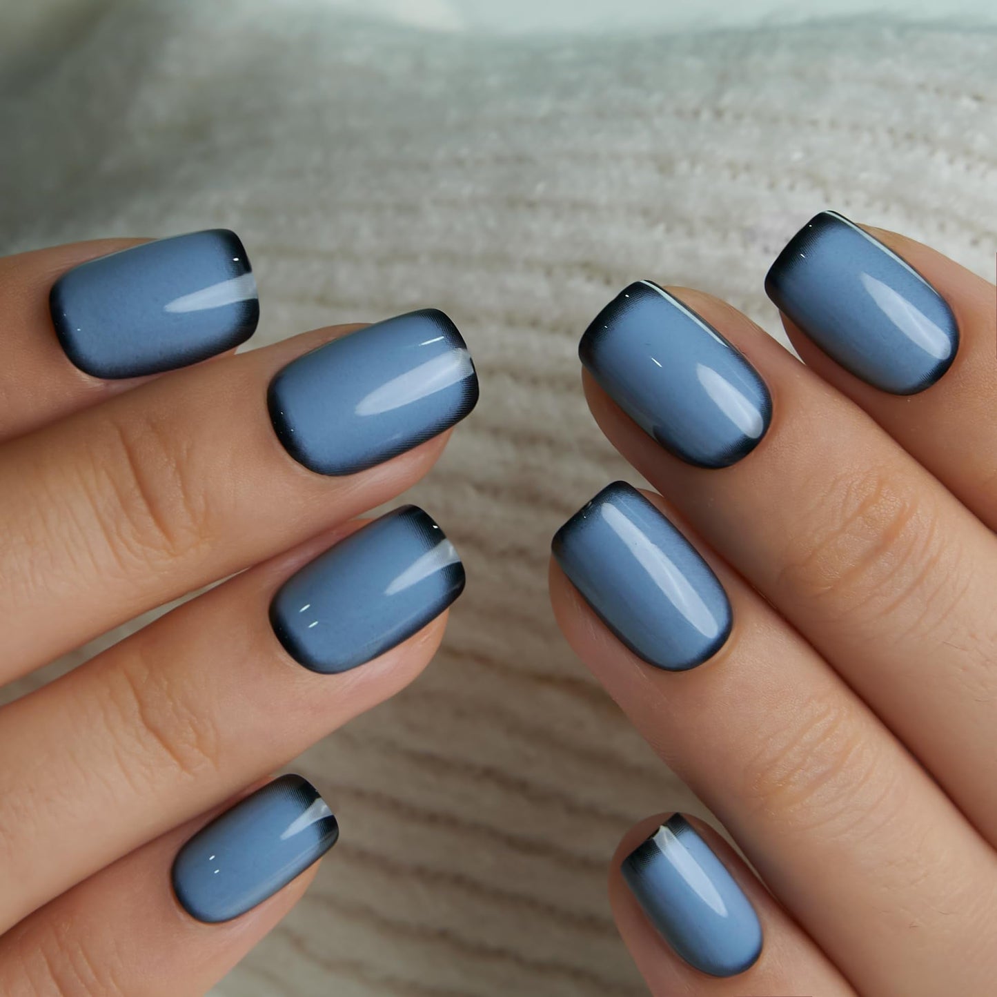 CurvLife Press on Nails Short Square Blue Ombre, 30PCS Glossy Acrylic Fake Nails with Design, Full Cover Reusable Glue on Nails Kit with Nail Glue, Adhesive Tabs & Nail File