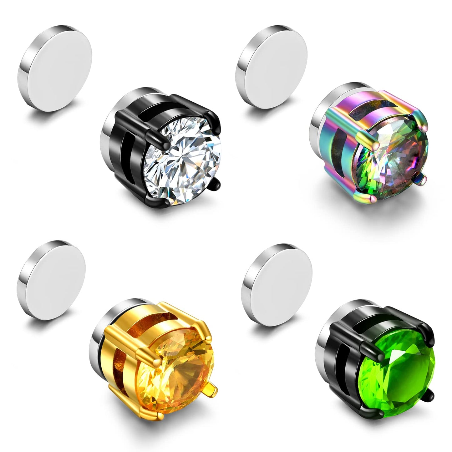 SIISPRI 4 Pairs Stainless Steel Magnetic Stud Earrings for Men Women Hypoallergenic Inlaid Cubic Zirconia Unisex Non-Piercing Clip On Stud Diamond Earrings Set