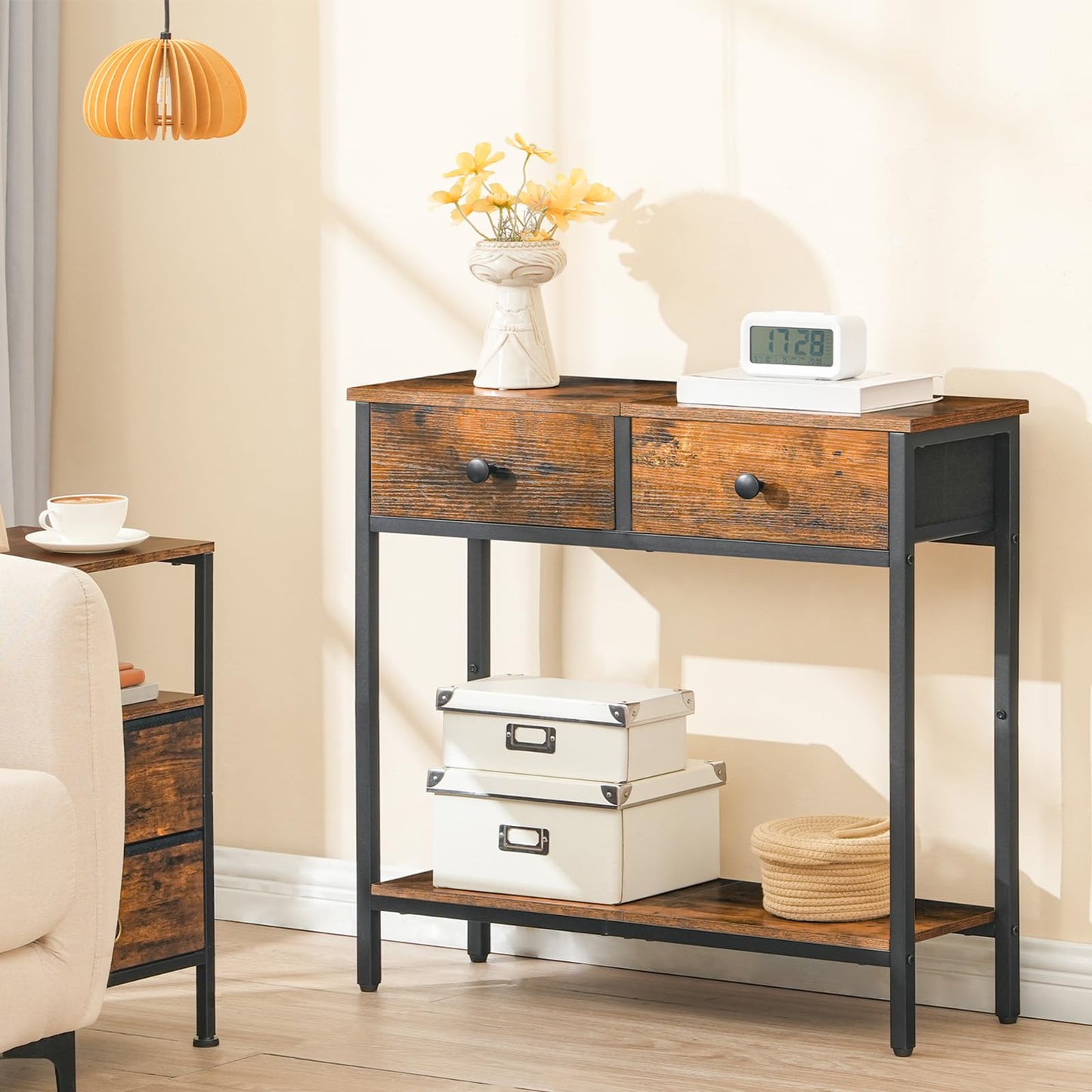 HOOBRO 29.5" Narrow Console Table with 2 Fabric Drawers and Tall Side Table 3-Tier Telephone End Table Bundle, BF71XG01-DW01DH01G1