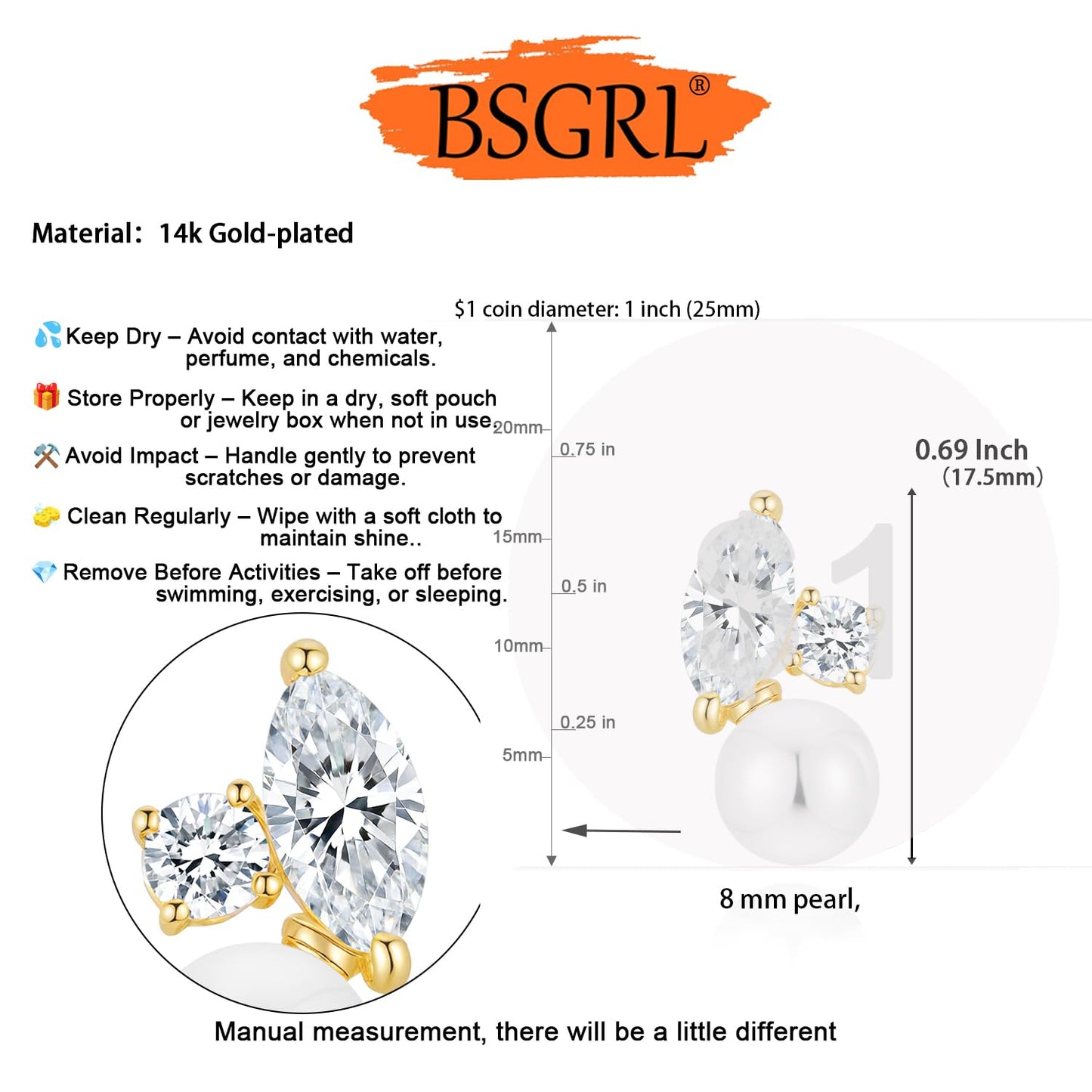 BSGRL Pearl Earrings - 14k Gold Plated Sparkle Cubic Zirconia Pearl Stud Earrings for Women Wedding Party Bridal