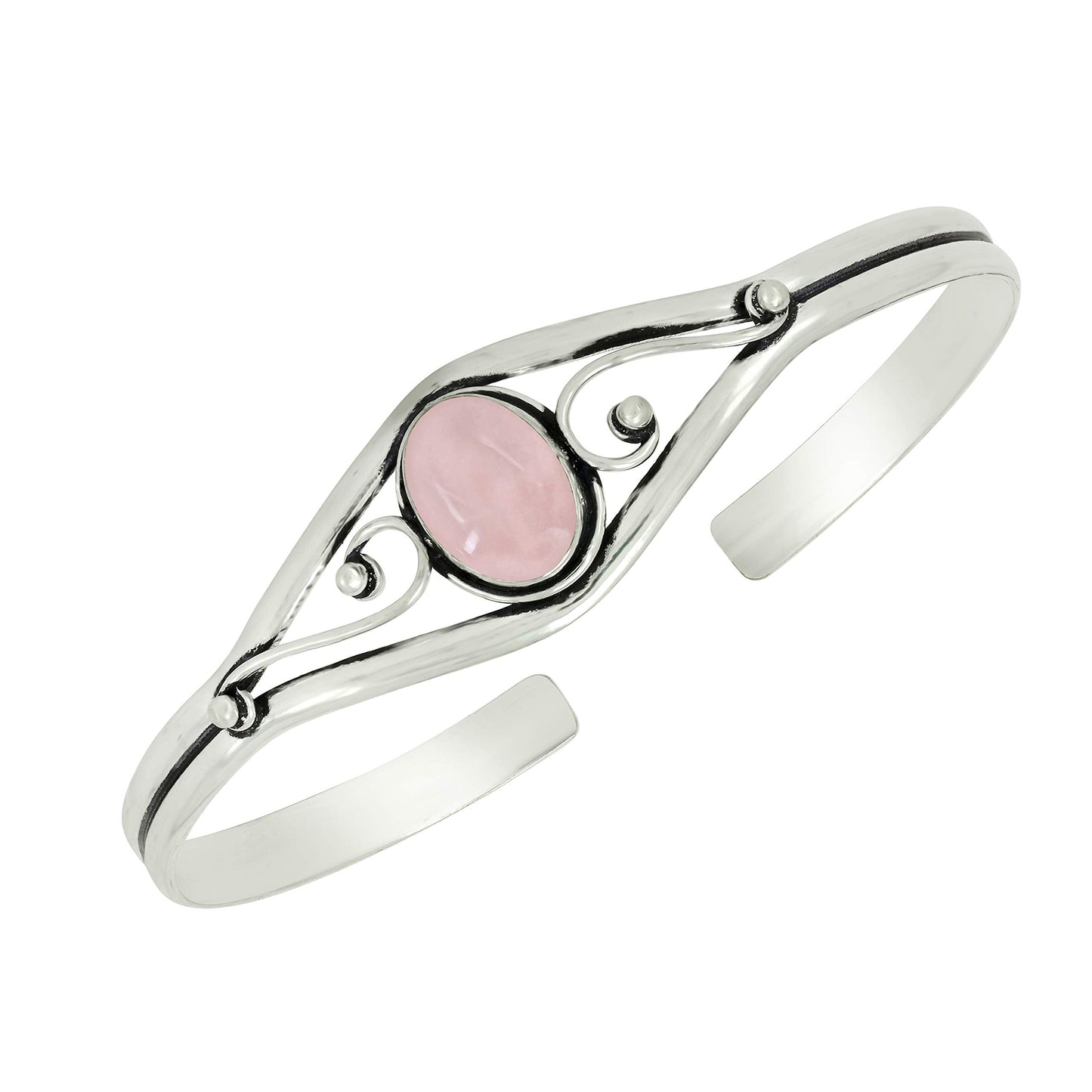 925 Silver Plated Natural Rose Quartz Cuff Bangle Bracelet for Women – Handmade Open Bangle – Pink Gemstone January Birthstone Statement Jewelry – Gift for Her