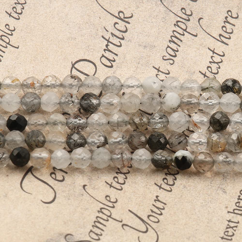 Song Xi 120pcs 3mm Natural Black Rutilated Quartz Gemstone Beads Faceted Round Loose Stone Beads for Jewelry Making (1 Strand)
