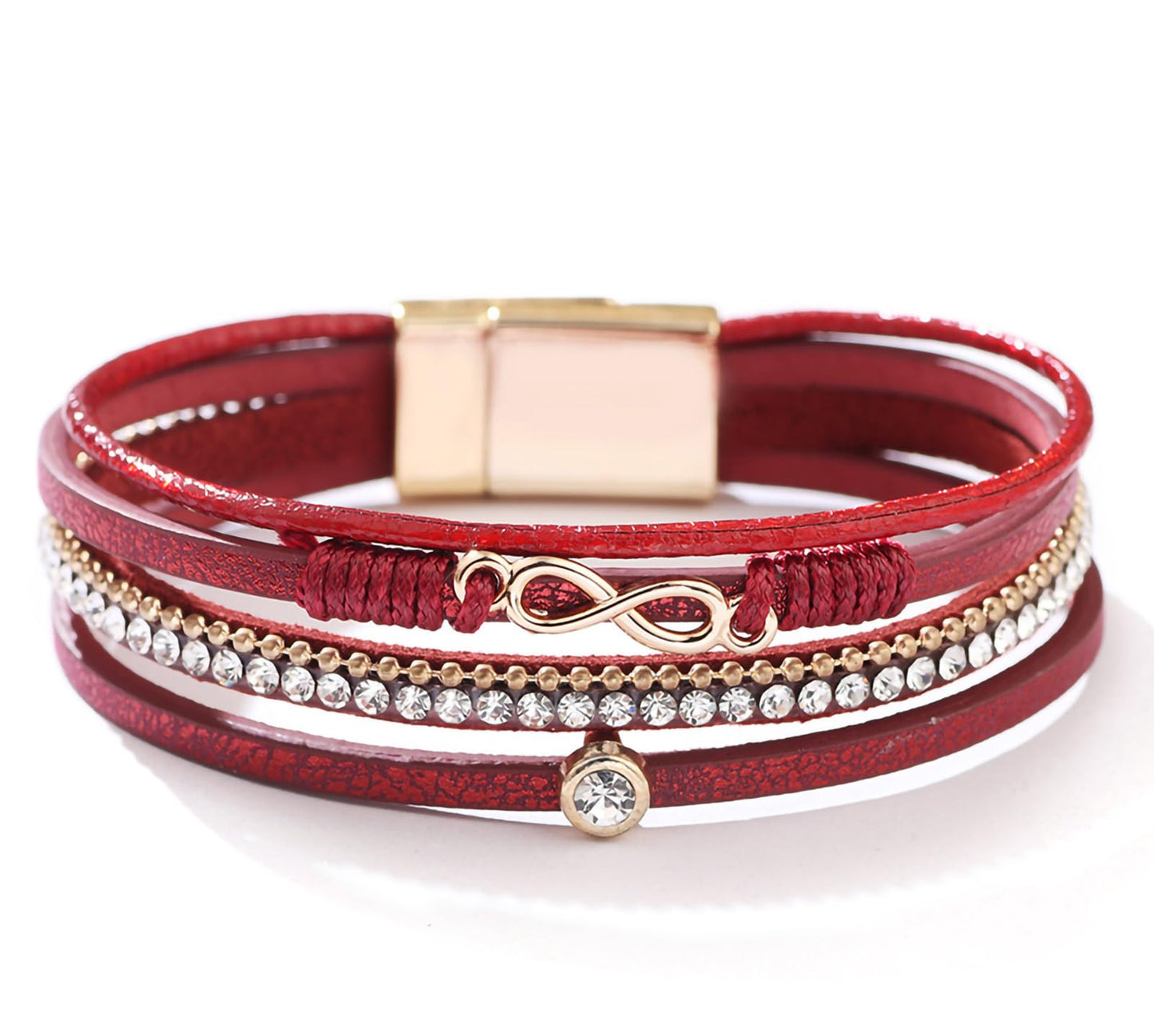 Leopard Bracelet for Women, Boho Leather Wrap Multi-Layer Pearl Crystal Bracelet Bangle Jewelry (Infinite(Red))