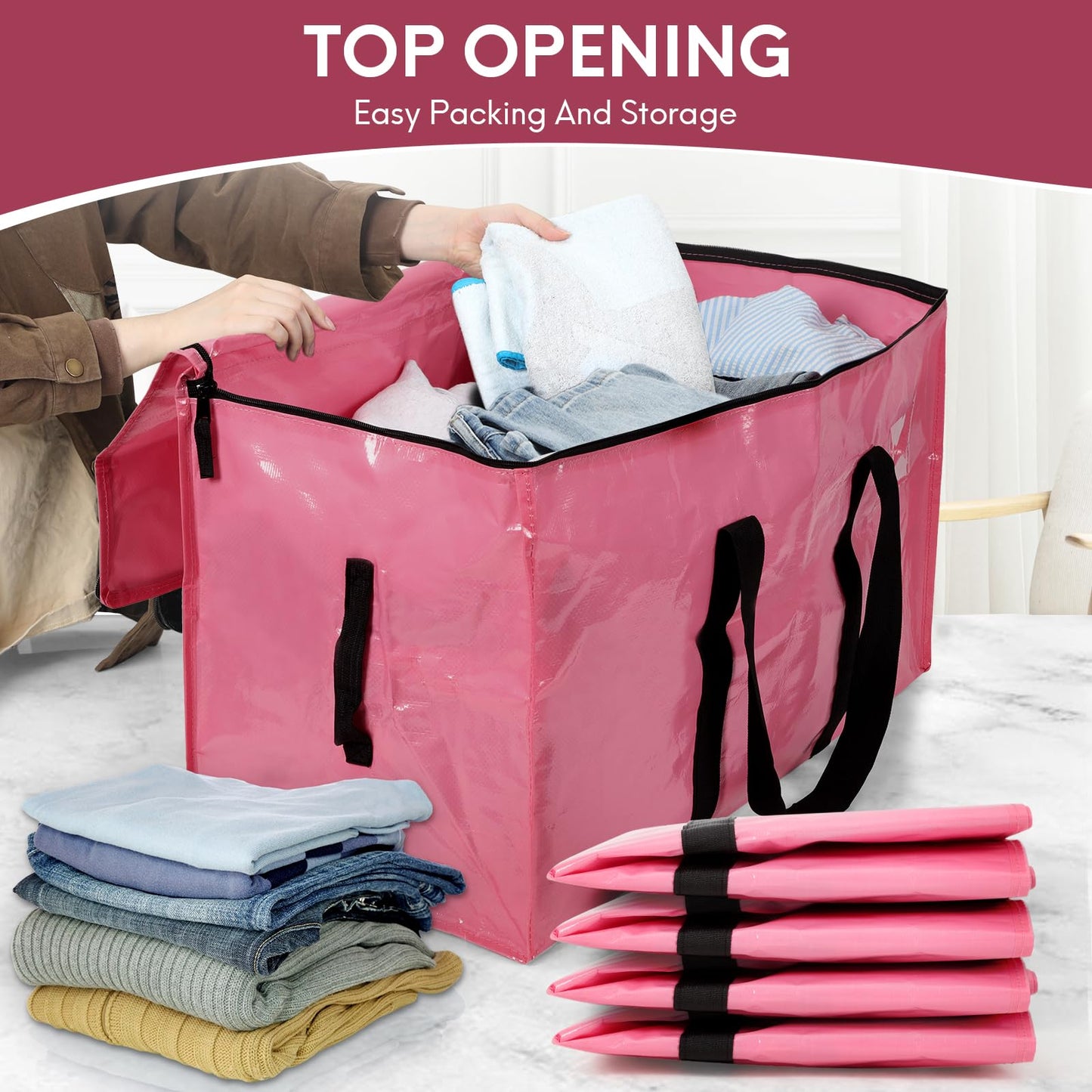 2-Pack Extra-Large Heavy-Duty Storage Totes with Reinforced Handles, Durable Zippers & Waterproof Material — Perfect for Space-Saving, Moving, Shipping and Travel (Pink)