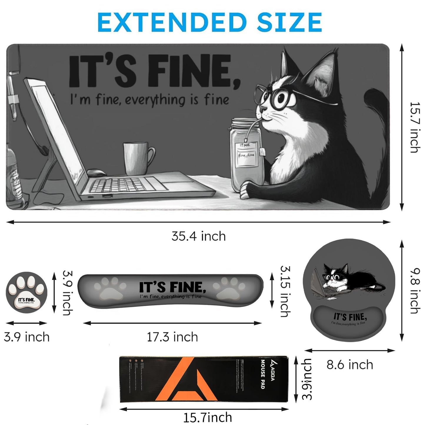 AQQA Funny Keyboard Mouse Pad Set,XXL Mouse Mat+Keyboard Wrist Rest Support, Cat Ergonomic Mouse Pad with Wrist Rest, 4 Pcs Cute Office Desk Accessories,35.4×15.7 in