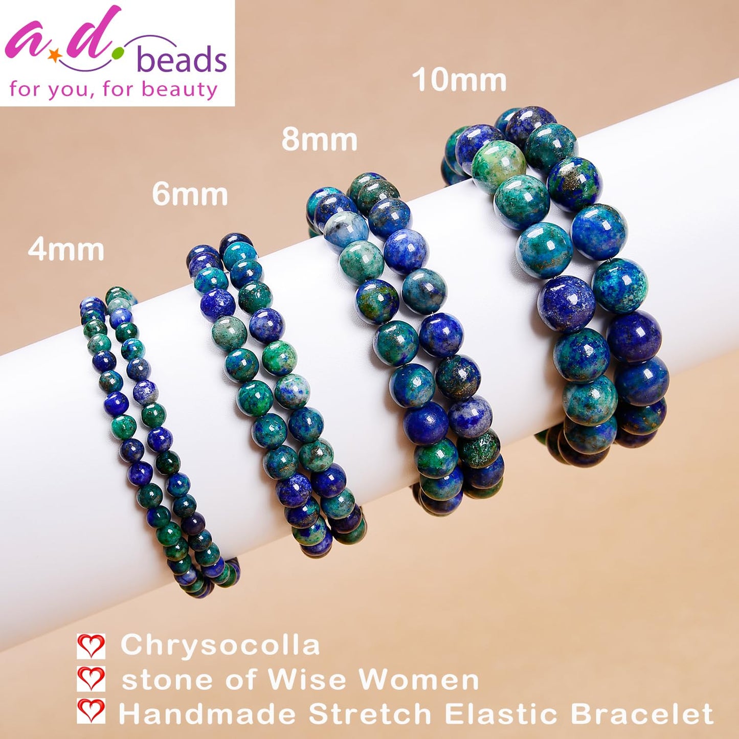 AD Beads Handmade Gemstone Stretch Elastic Bracelet Crystal Healing Reiki Nature's Beauty and Spiritual Essence Unisex (10mm, Chrysocolla (Wise Women))