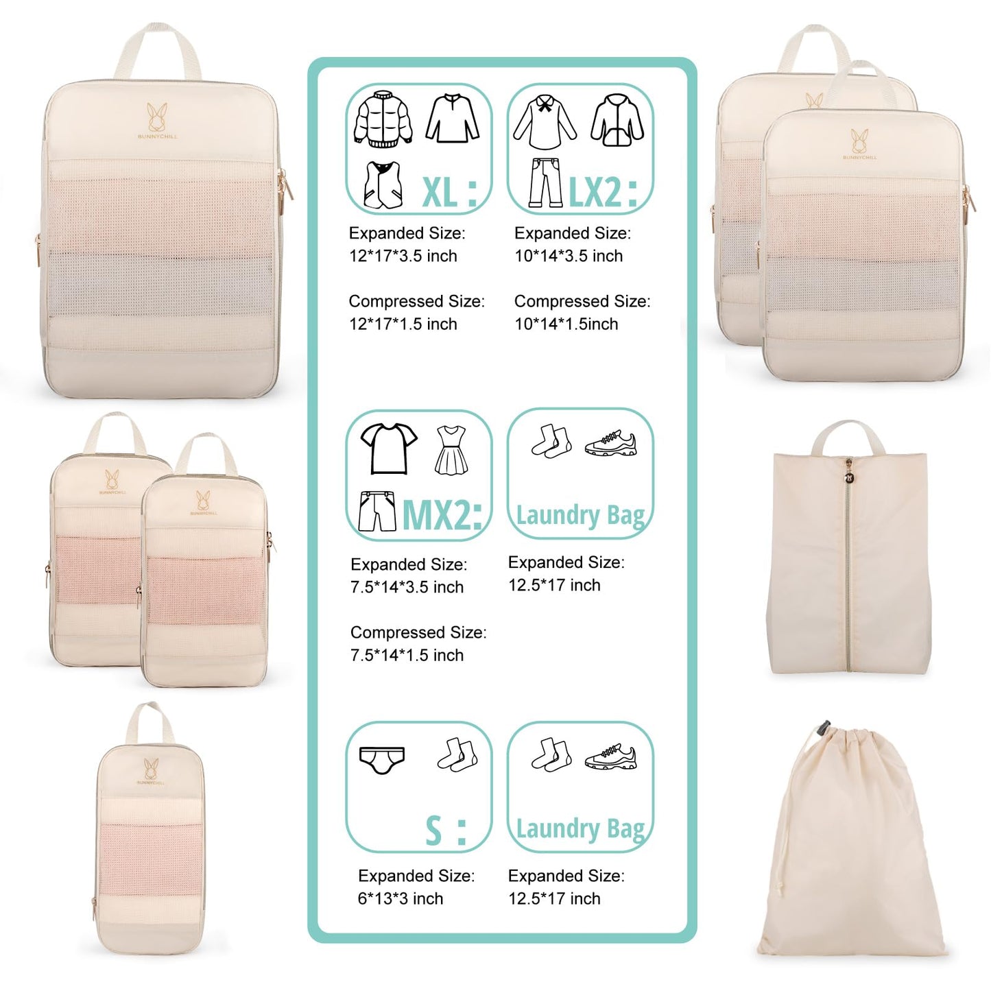 8 Set Compression Packing Cubes for Travel, Bunnychill Portable Zipper Packing Cube for Cloting, Expandable Space Saver Storage Luggage Organizer Bags for Suitcases(Beige)