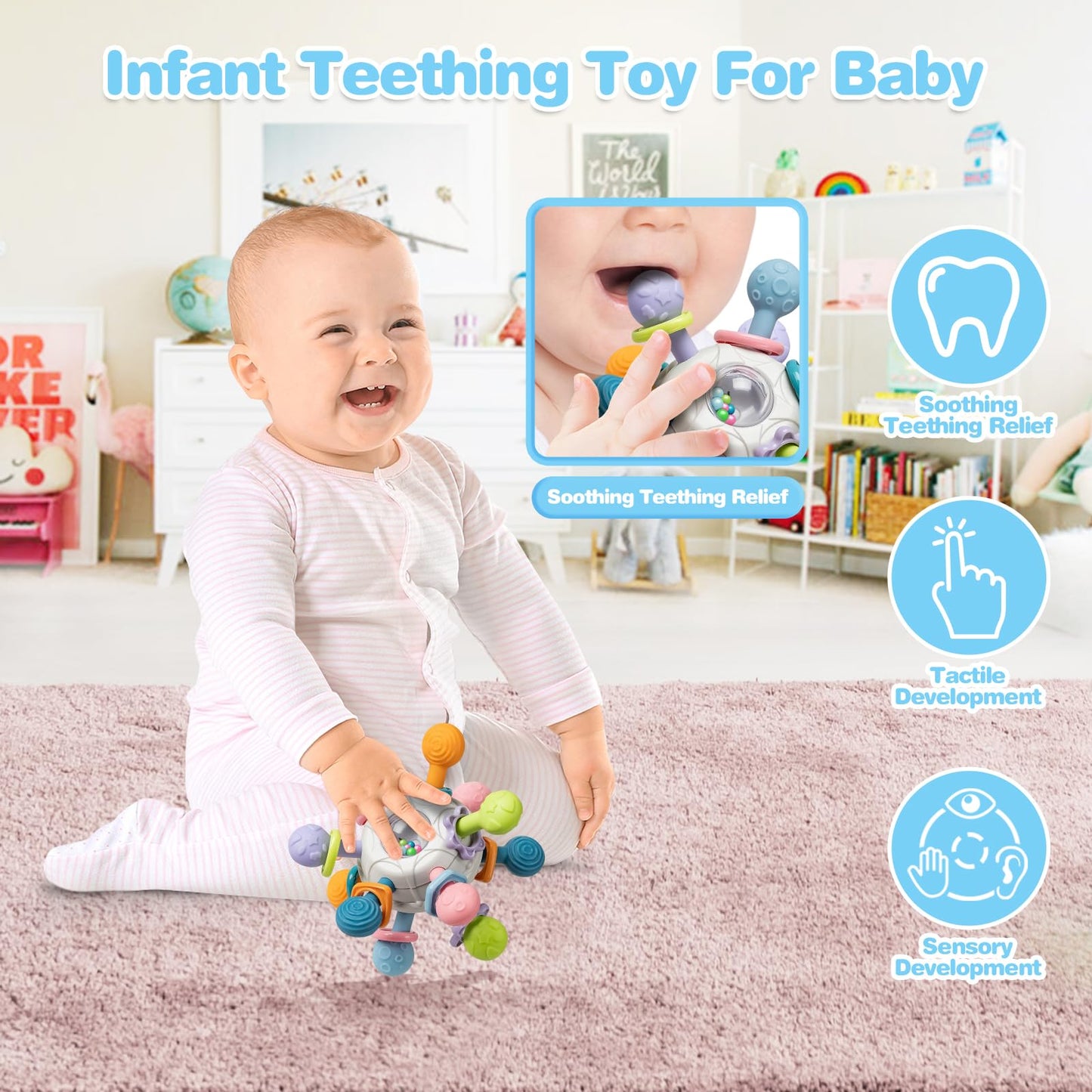 SpringFlower 0-3-6-12 Months Baby Toys, 5 in 1 Montessori Toys for Babies, Teething Toy & Stacking Building Block & Ring & Silicone Pull String, Sensory Development Baby Infant Toy, Gift for Babies