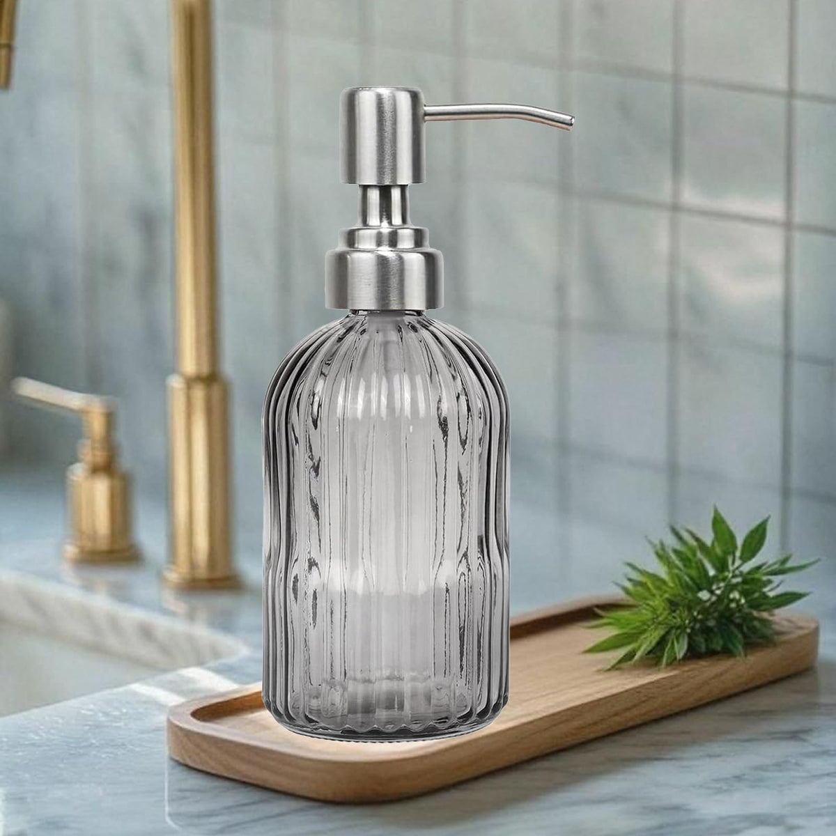 14Oz Gray Glass Soap Dispenser Bathroom