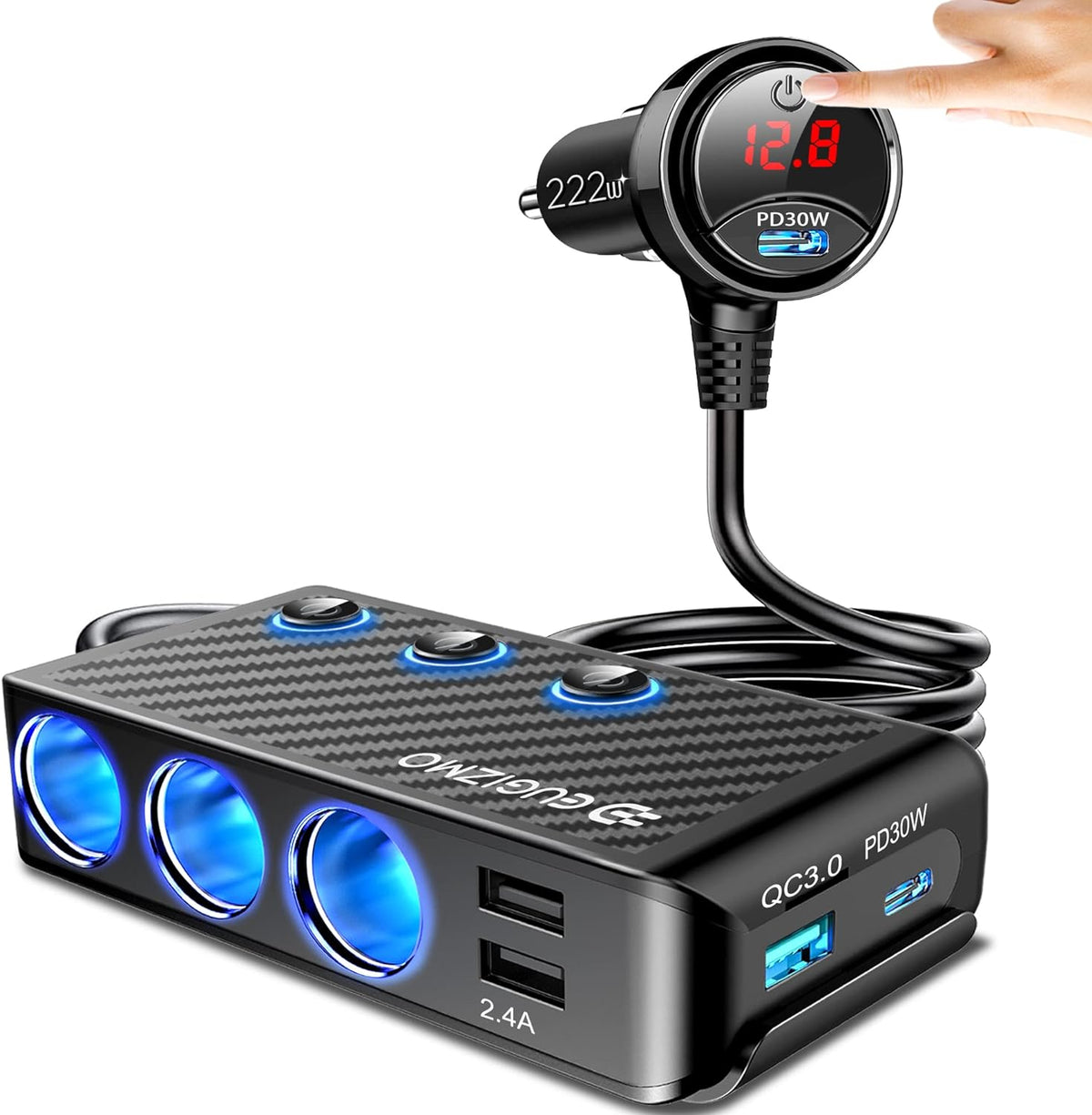 Cigarette Lighter Adapter, 222W 3 Socket Car Cigarette Lighter Plug USB Charger Multi Port 12V Car Plug Outlet Splitter with LED Voltage Display Independent Switches