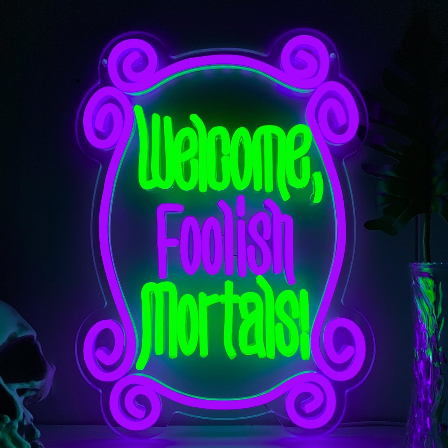 Welcome Foolish Mortals Neon Sign, Haunted Mansion Decor, Halloween Neon Signs for Wall Decor, Dimmable LED Spooky Gothic Coffin Neon Signs, Haunted Mansion Neon Sign for Halloween Party Man Cave