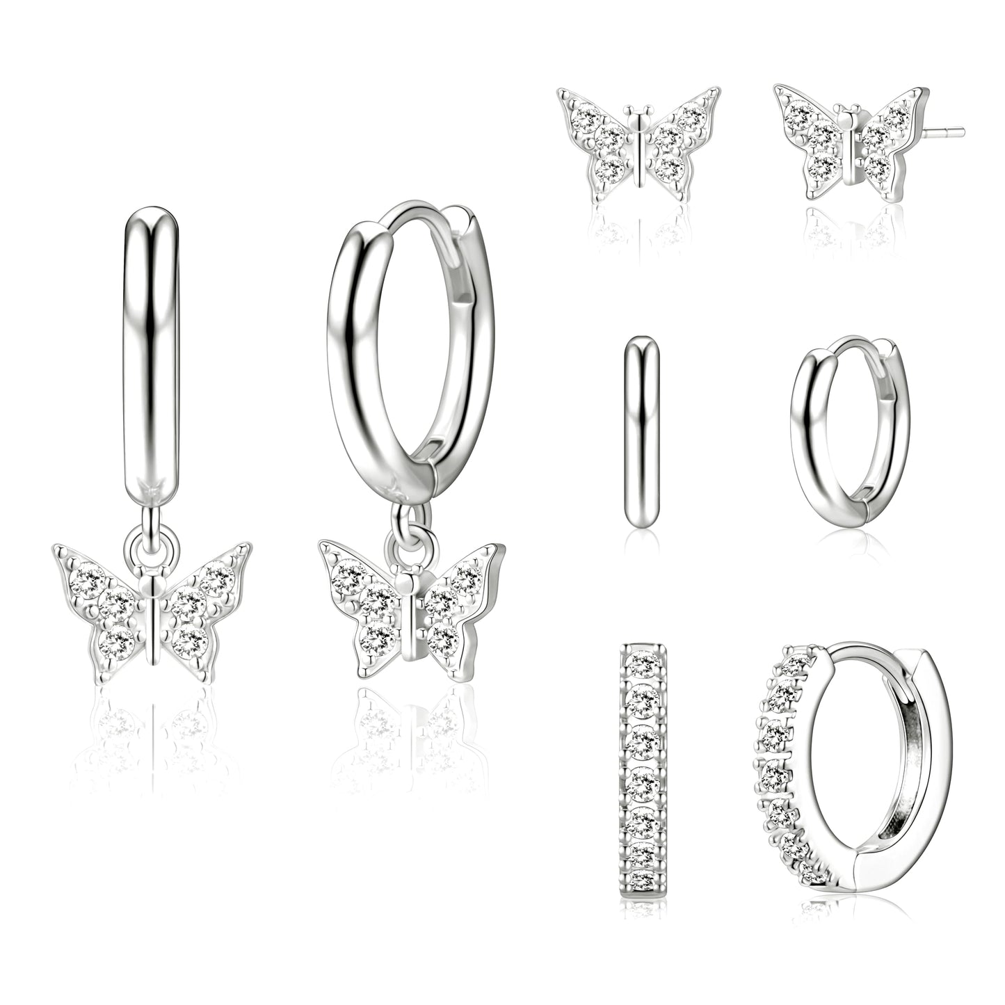 Silver Butterfly Earrings for Women, Huggie Small Stack Cartilage Stud Hoop Earring Sets for Multiple Double Piercing, Conch Helix Rook Tragus Daith Piercing Silver Clip On Jewelry Set Gifts