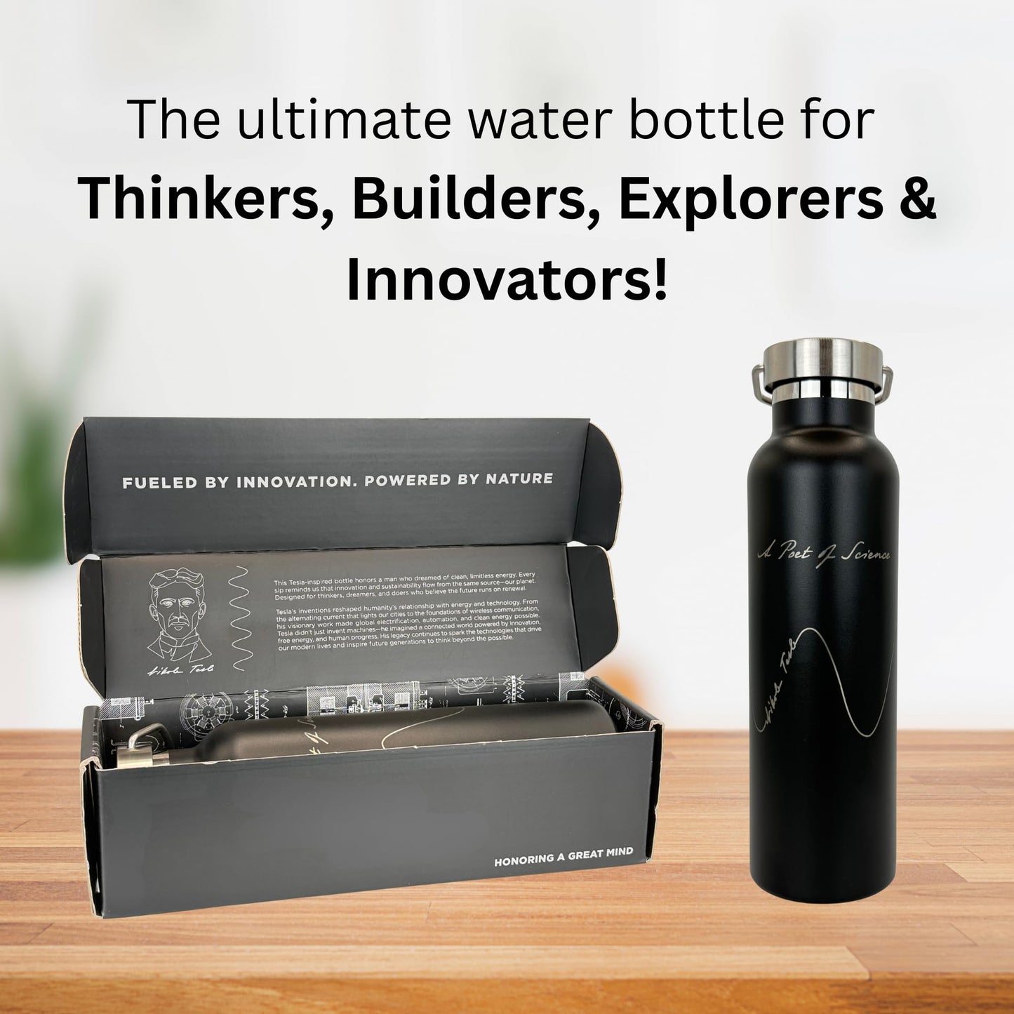 Nikola Tesla Inspired Insulated Water Bottle - 20oz Stainless Steel, Double-walled Insulation, Leak-proof | Science Gift, Engineer Gift, STEM Gift, Physics Gift, Teacher Gift (Alternating Current)