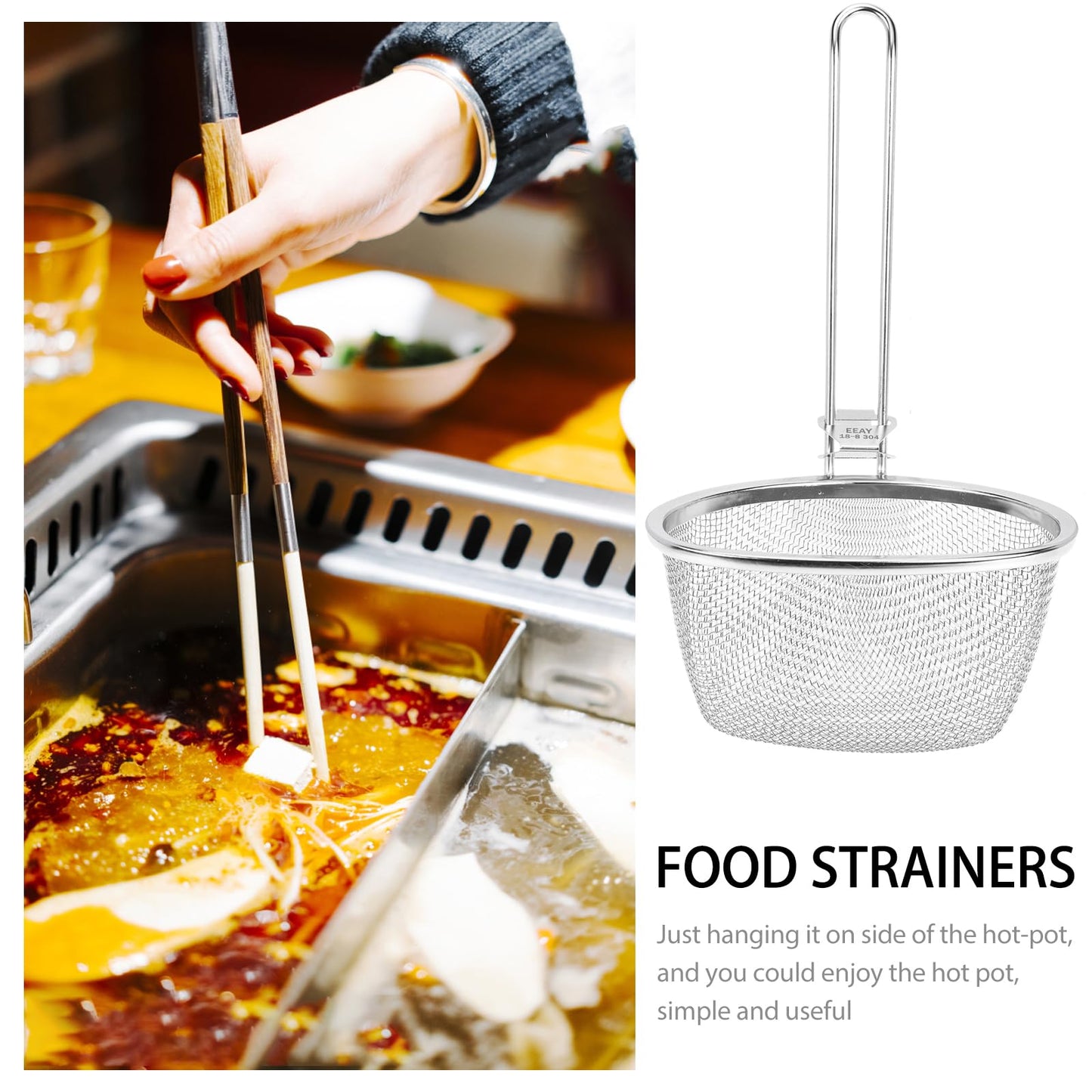 Hemoton Stainless Steel Hot Pot Strainer Spoon 9.64X5.51 Inch Fine Mesh Slotted Spoon with Hanging Handle for Kitchen Cooking and Frying Noodles