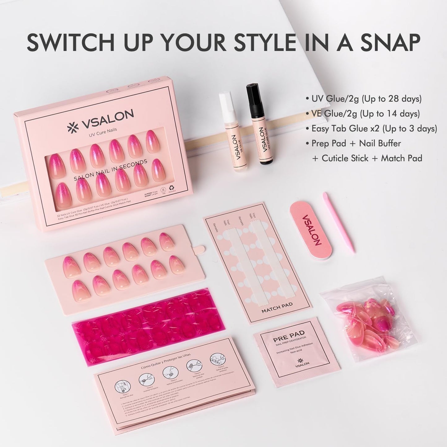 VSALON Almond Short Press On Nails, Ombre Hot Pink Aurora Sheer Jelly Finish Nail Kit & Blue Cat Eye Mini Pack