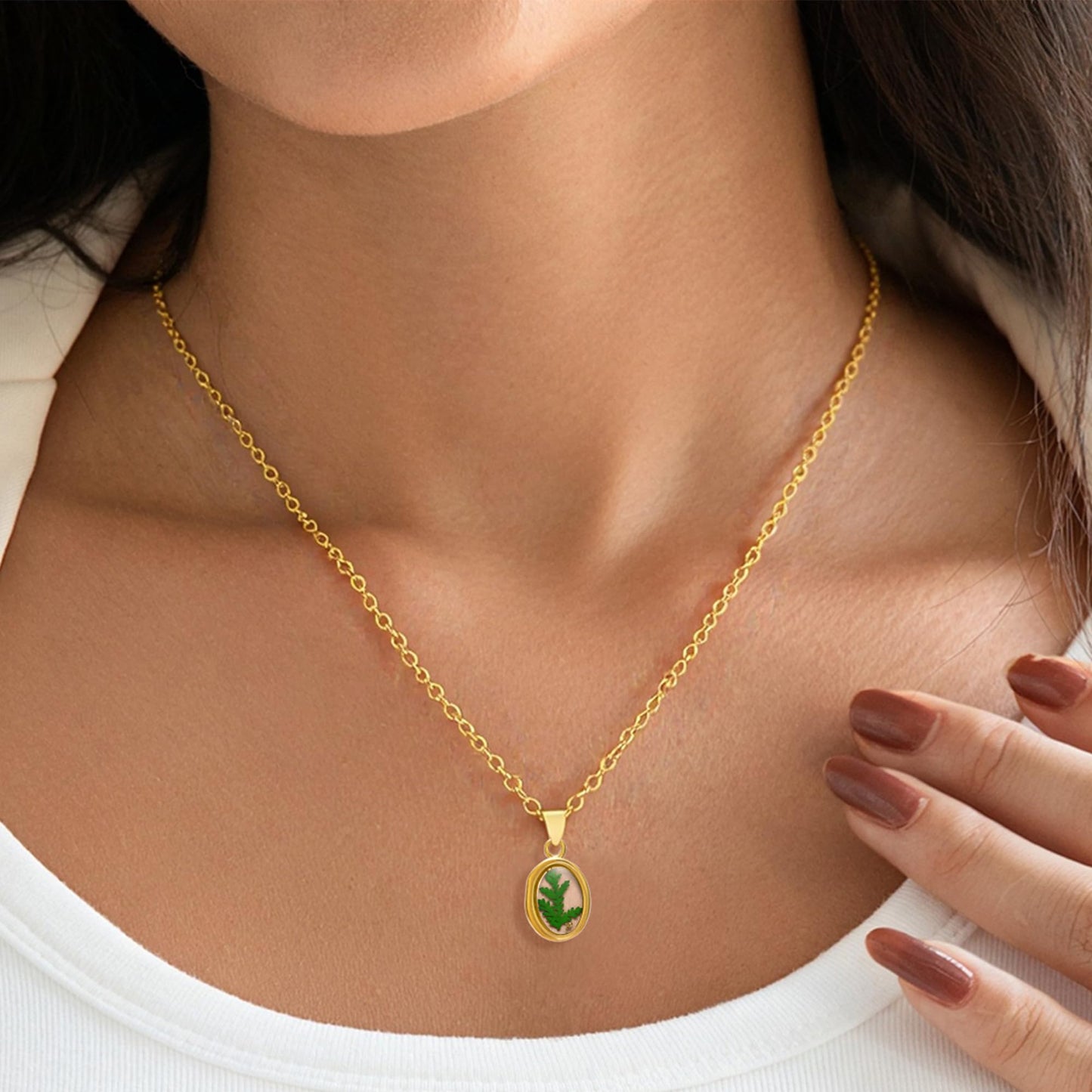 LETFLY Birth Flower Necklaces for Women, 18K Gold Plated Oval Shaped Handmade Floral Pendant, Pressed Flower Necklace Jewelry Gifts Courage