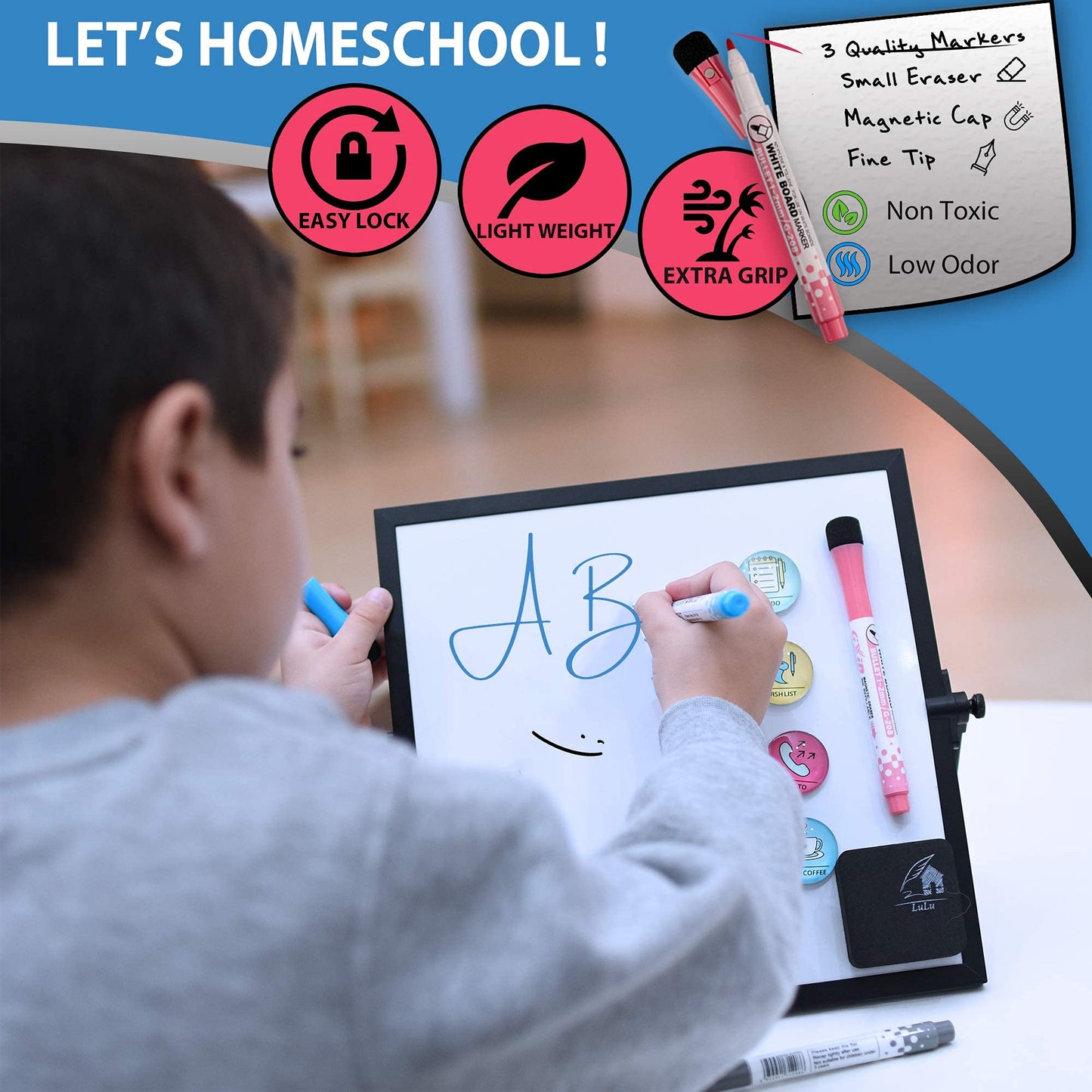 Small Dry Erase White Board 10"X10"- Desktop Whiteboard Black Frame with Stand, 3 Markers, 4 Magnets & Eraser - Double-Sided Portable Mini to Do List White Board for Office Desk, Kids Home School