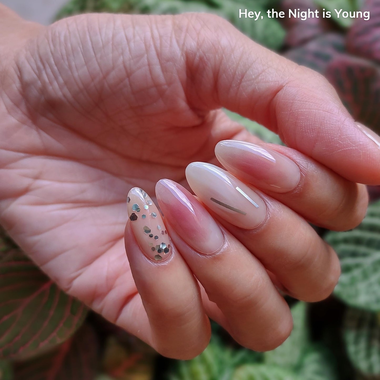 Heyhae Semi Cured Gel Nail Strips | No LED Lamp Needed | Glam, Pink, Spring | Easy Apply & Remove, Salon Quality | Includes 28 Strips, 1 Prep Pads, Nail File & Wooden Stick - Hey, The Night is Young