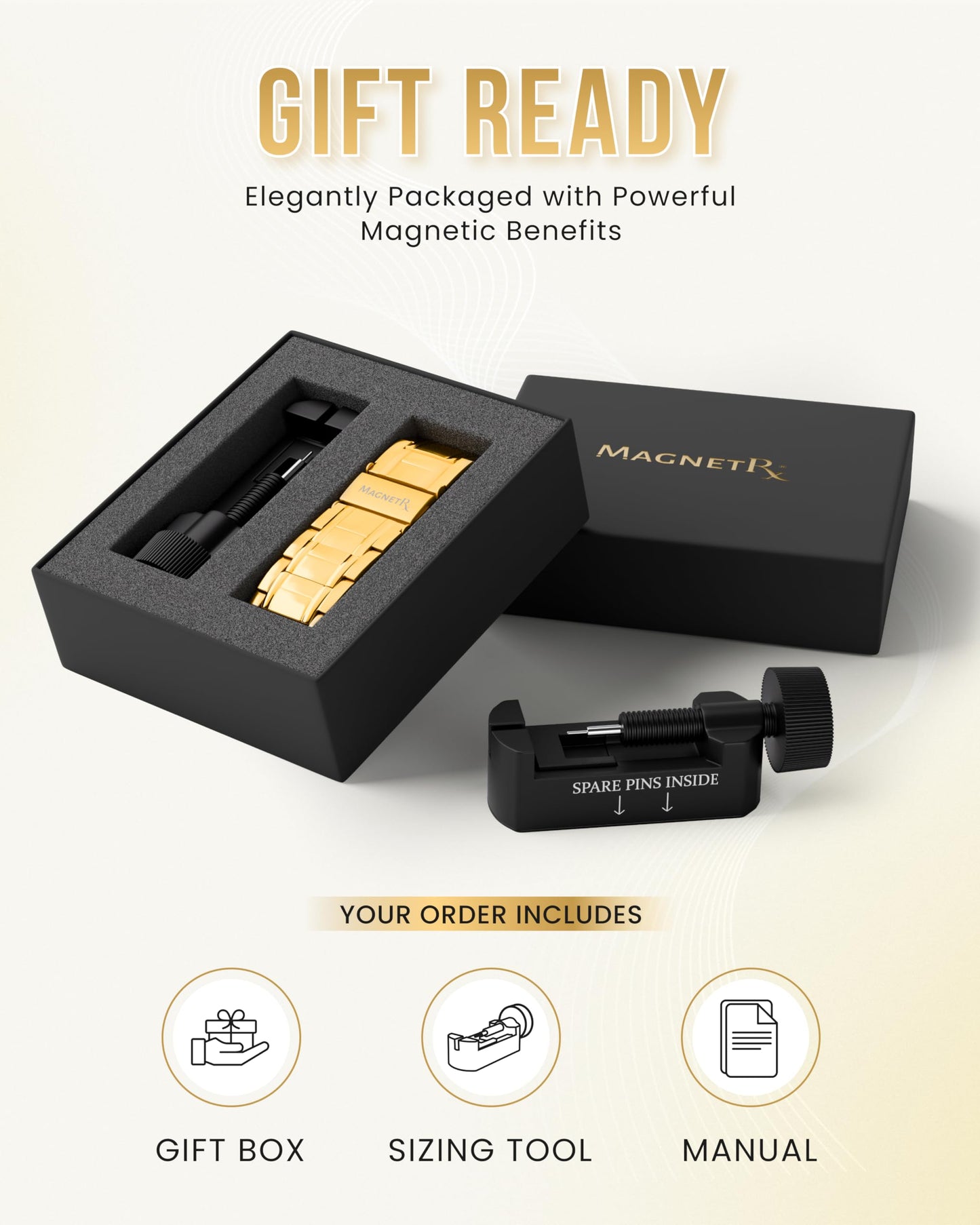 MagnetRX® 3x Strength Magnetic Bracelets for Men – Effective Magnetic Mens Titanium Bracelet – Premium Fold–over Clasp & Adjustable Length with Sizing Tool & Gift Box (Gold)