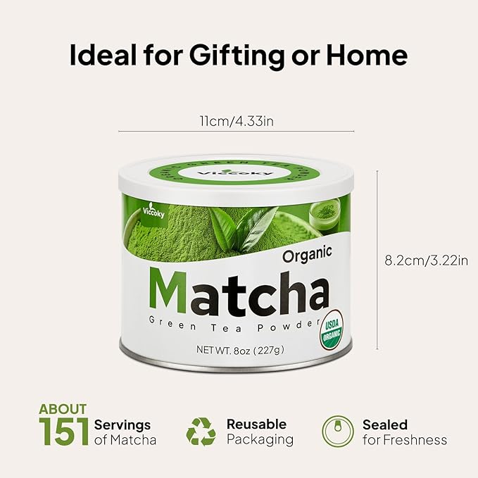 Viccoky Culinary Matcha Powder 8oz(Tin) | Pro-Baking Grade | USDA Organic | No Sugar | Low Caffeine | Bulk Matcha Green Tea Powder for Cookies Cakes Smoothies