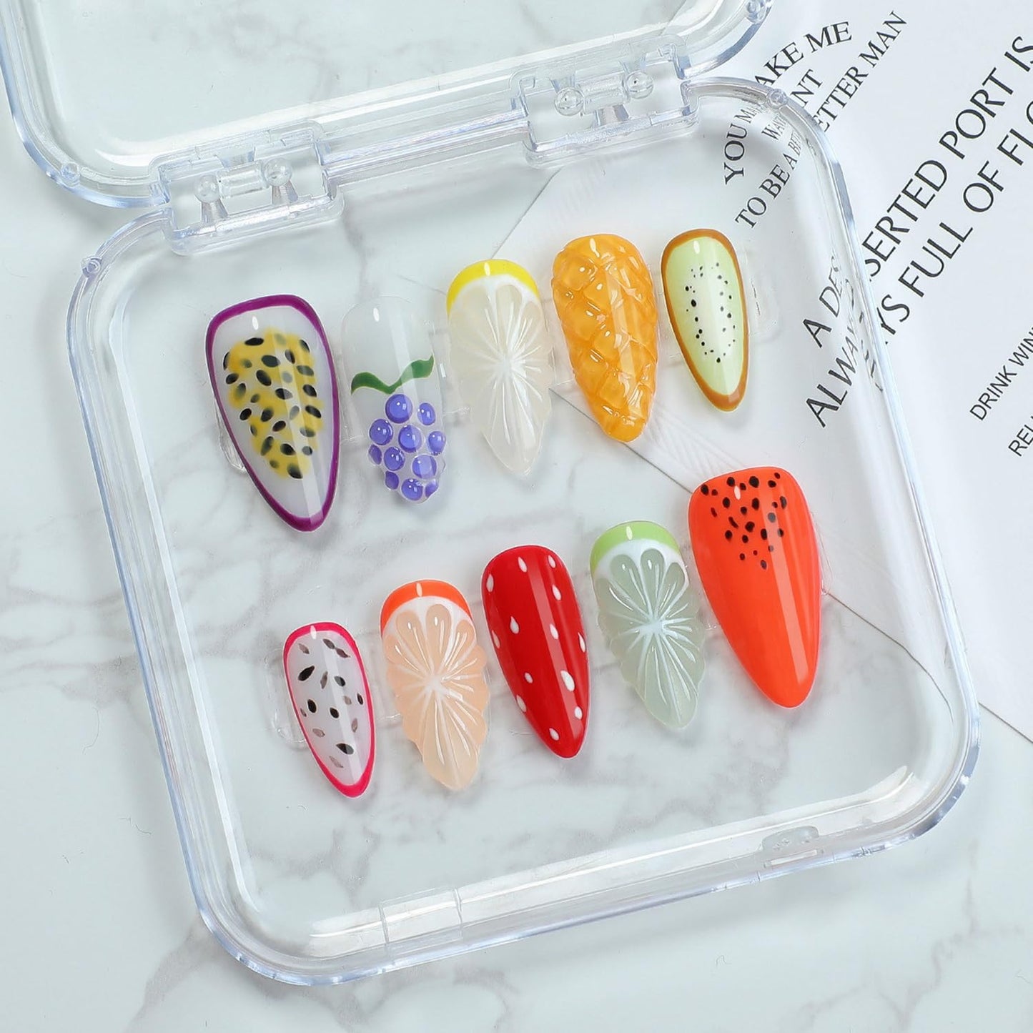 Handmade Fruit Press on Nails Luxury Thick Medium Almond Fake Nails with Lemon Grape Mango Pattern Design Muti-Layer Gel Spring Summer Fruit False Nails Full Cover Acrylic Nails for Women (Size S)