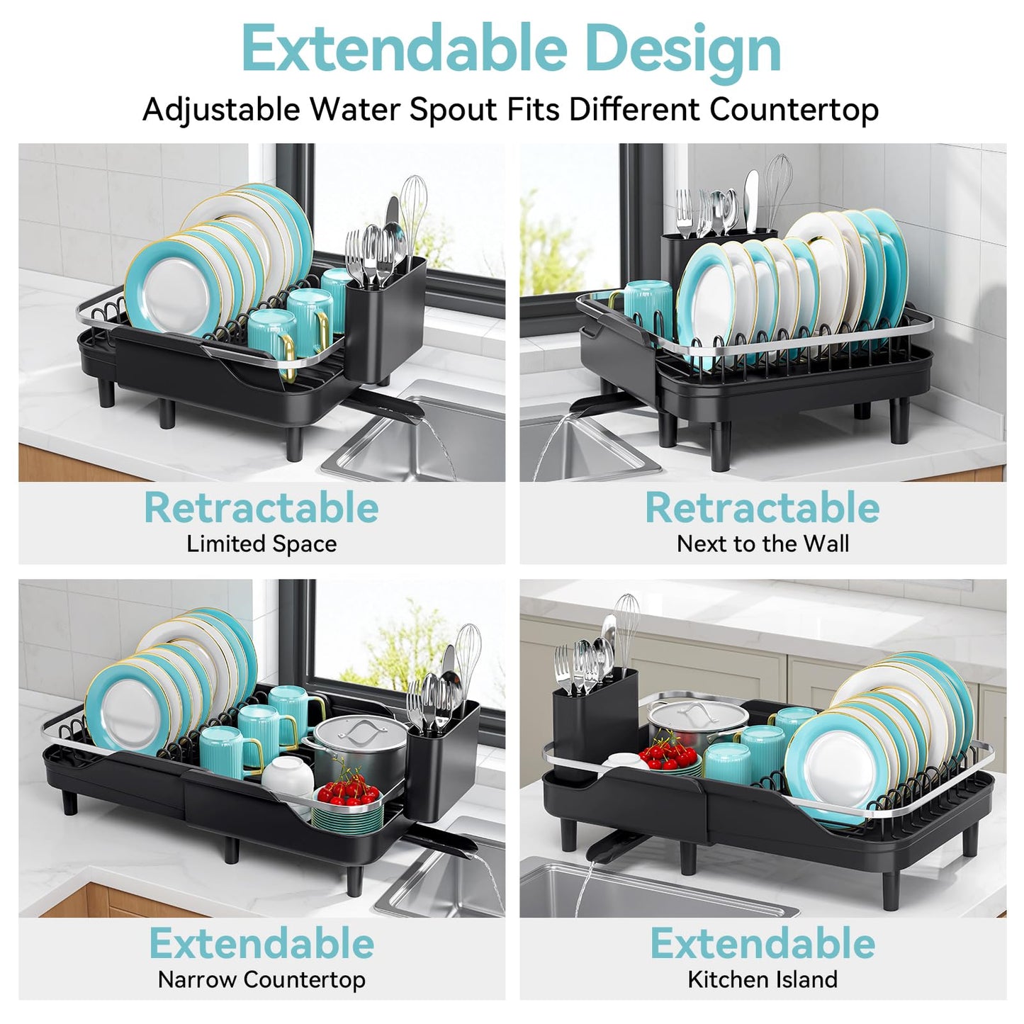 Urackify Expandable Dish Rack for Kitchen Counter,16.14"-23.62" Large Stainless Steel Dish Drying Rack with Adjustable Water Spout, Space Saving Dish Drainer with Auto Draining Cutlery Holder,Black