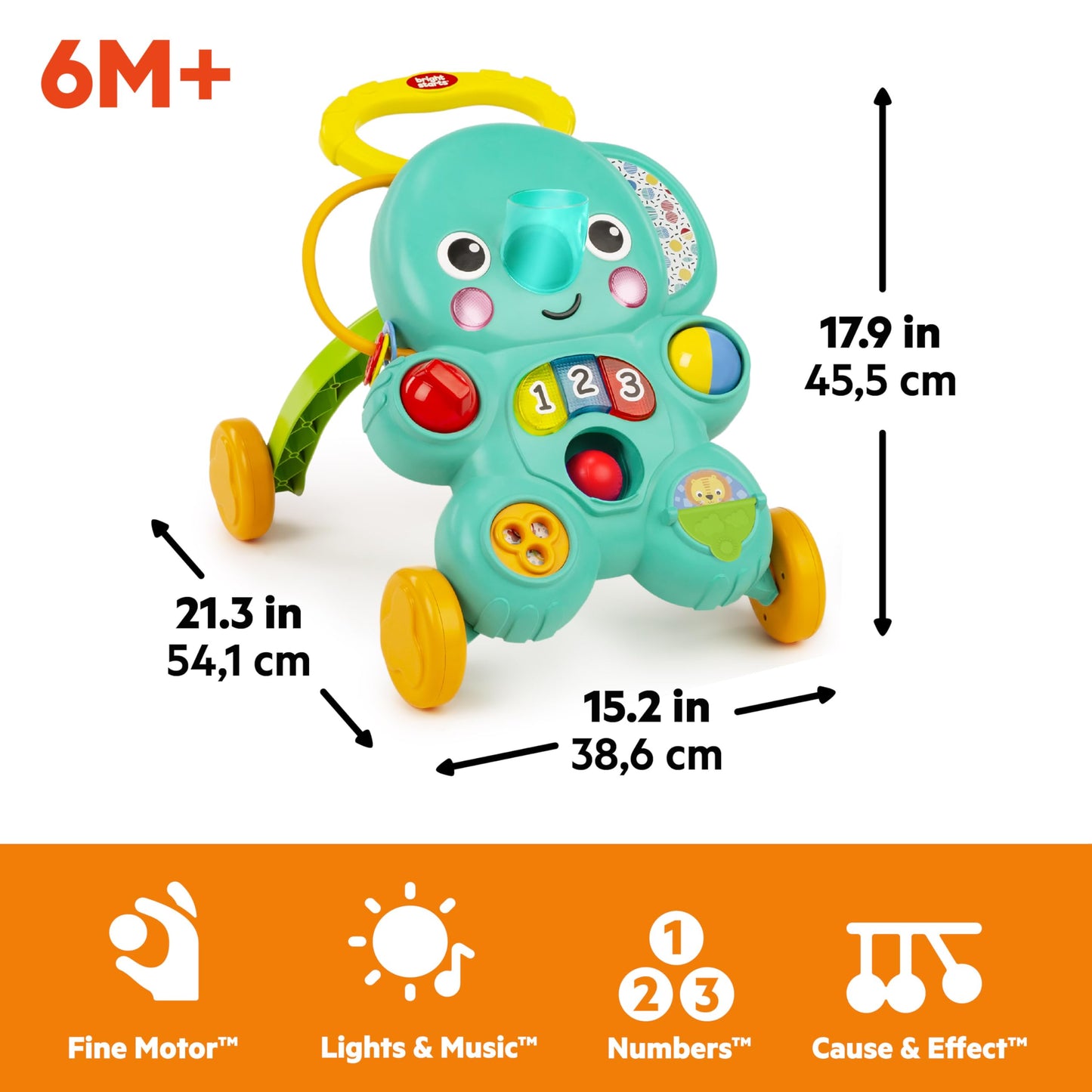 Bright Starts Stroll 'n Roll 2-in-1-Ball Push Walker – Includes 3 Toy Balls, Elephant with 70+ Songs & Sounds, 7 Activities - Ball Drop, Piano, Spinner, Flip Book & More