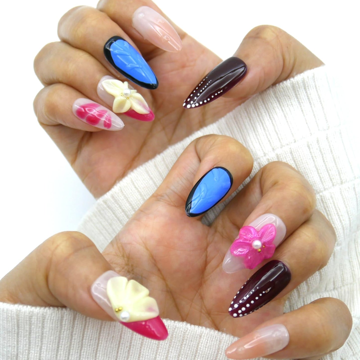 3D Pink Flower Press on Nails Almond - Medium French Tip Fake Nails with Embossed Flower & wave point Designs, Glossy Finish Reusable False Nails with Glue Tabs - 10Pcs Nail Kit for Women Manicure.