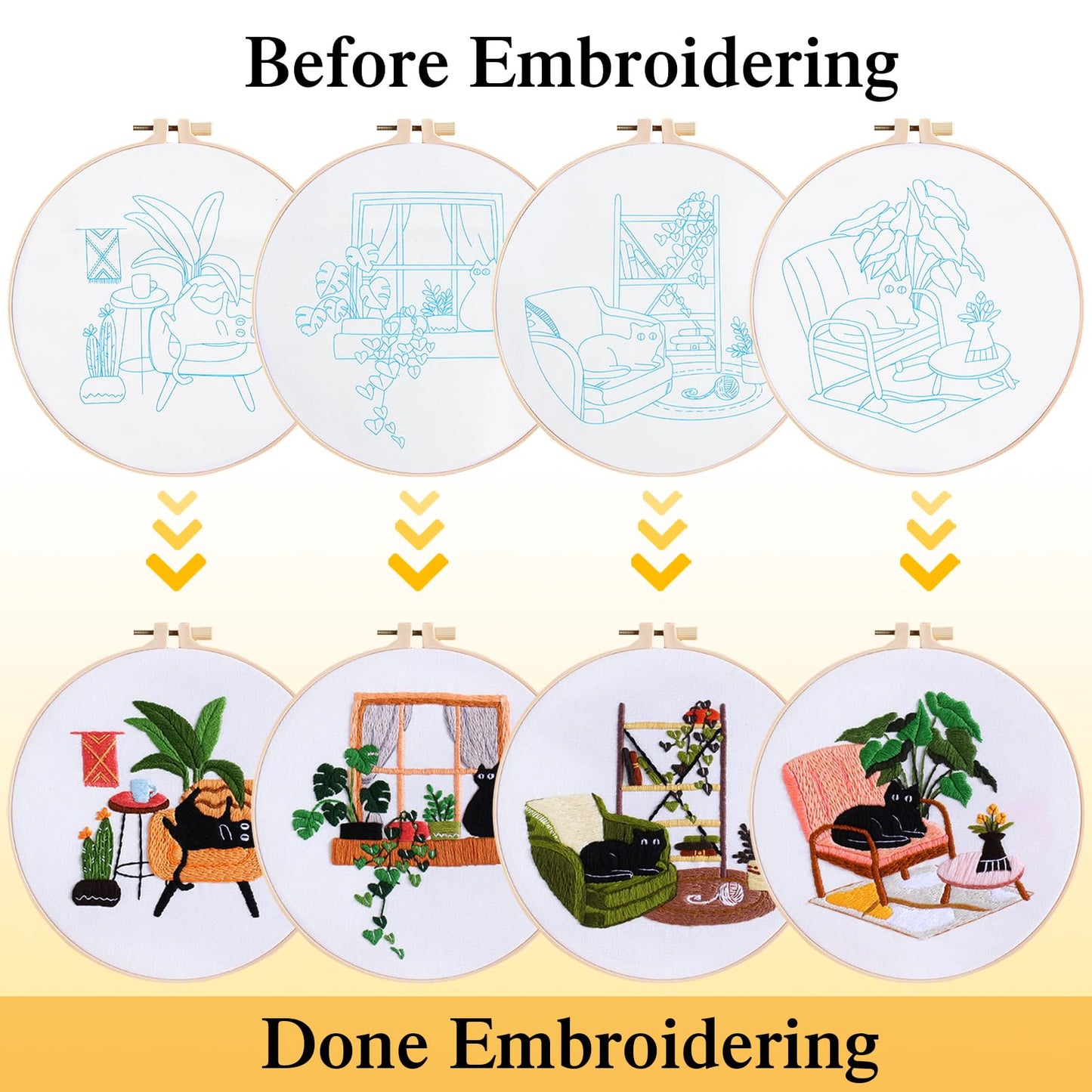 LOMOHOO 4 Sets Cat Embroidery Kit for Beginners, Cute Cat Pattern, Starter Craft DIY Embroidery Sets (Black Cat)