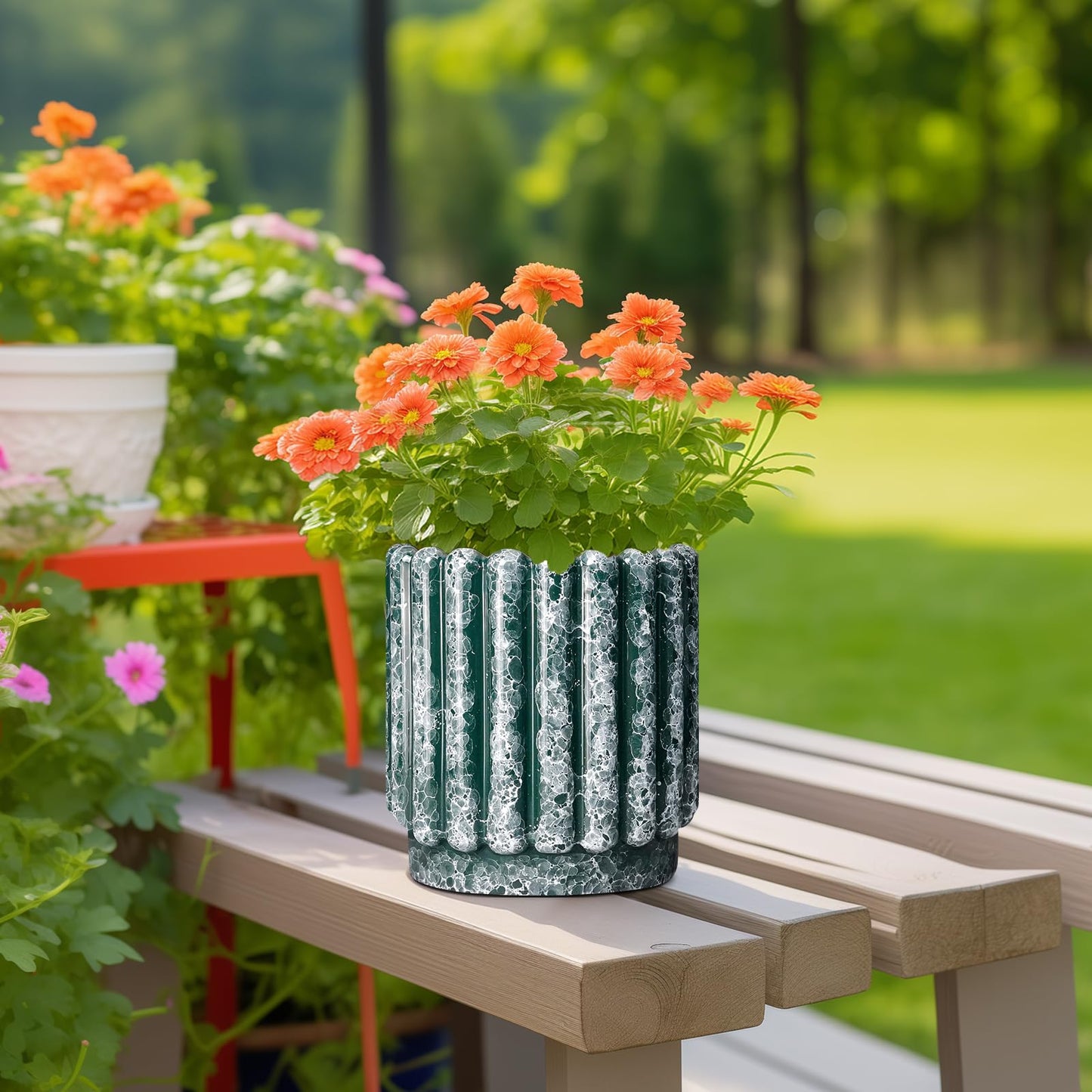 Ceramicfor Ceramic Flower Pots 7.6 Inch - Ceramic Planters for Indoor Outdoor Plants, Decorative Plant Pot with Drainage Hole, Round Fluted Planter, Home Room Decor, Housewarming Gifts, Green