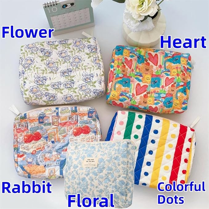 Makeup Bag Travel Essentials Quilted Cosmetic Toiletry Pouch Organizer Insert for Women Dorm Room Essential Gift Large Capacity Opening Lightweight Cute Aesthetic Portable 2PCS (Flower)