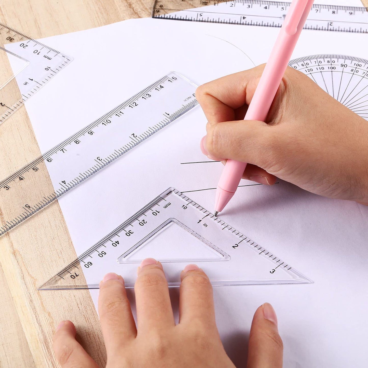Tenare 72 Pcs Plastic Clear Math Set Includes Protractor Triangle Rulers 12 Inch 6 Inch Straight Geometry Math Transparent Ruler Measuring Tool for Office Home Supplies