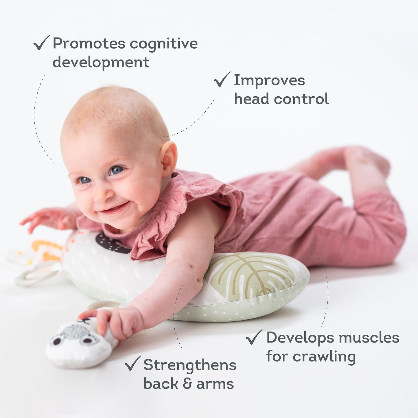Taf Toys Ergonomic Tummy Time Support Toy with Teether and Rattle - Soft and Supportive Baby Toy for Enhanced Motor Skills Development
