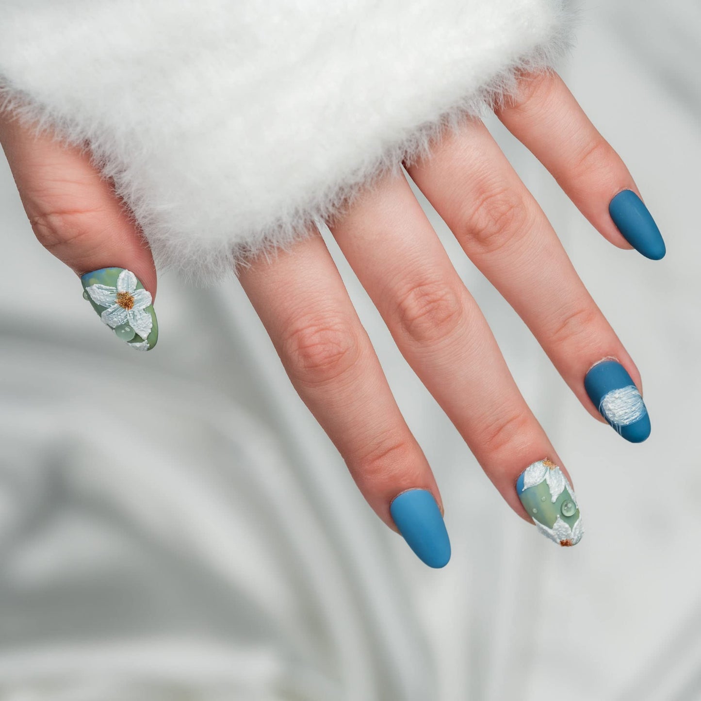 Sun&Beam Nails Handmade Medium Long Almond Blue White False Nail Tips with Cute Flower Popular Charm Design Press On Nails 10 Pcs (#60 M)