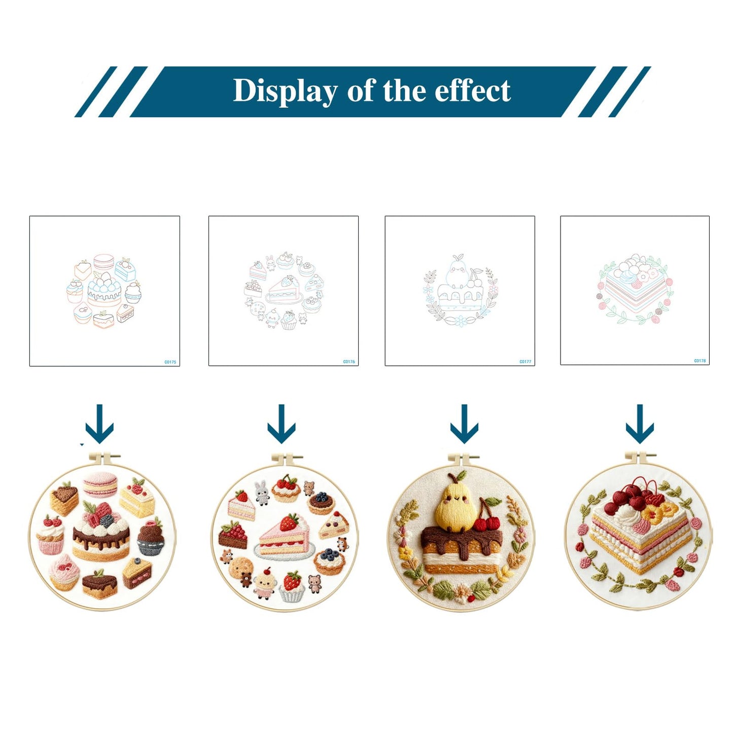 Embroidery Set for Beginners, 4 Sets Cake Fruit Beginner Embroidery Kit for Adults, Includes Embroidery Clothes with Pattern, Hoop, Instruction Manual, Color Stitch Set