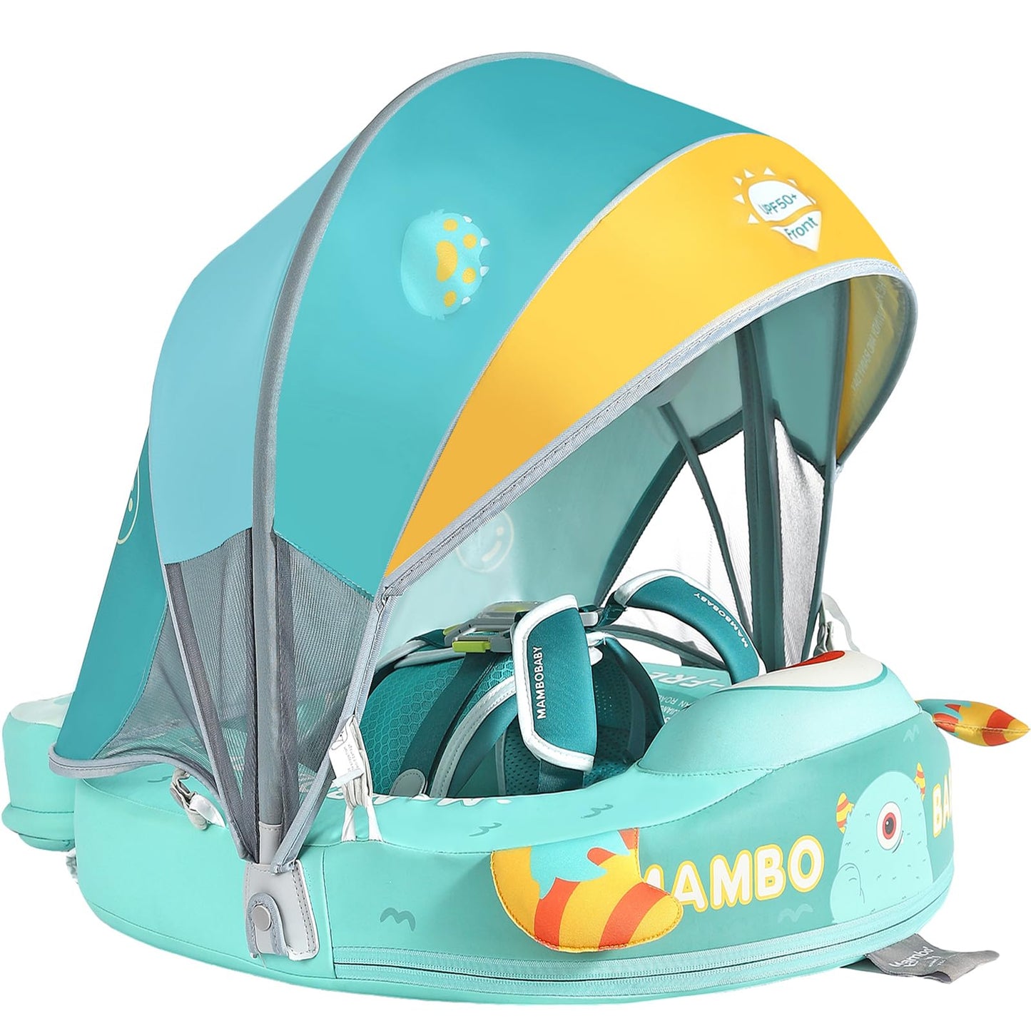Mambobaby Float with Canopy Skin-Friendly Baby Swim Float with Tail Waterproof Non-Inflatable Mambo Float Smart Swim Trainer Soft Solid Infant Pool Float 3-24 Months Baby Swim Ring