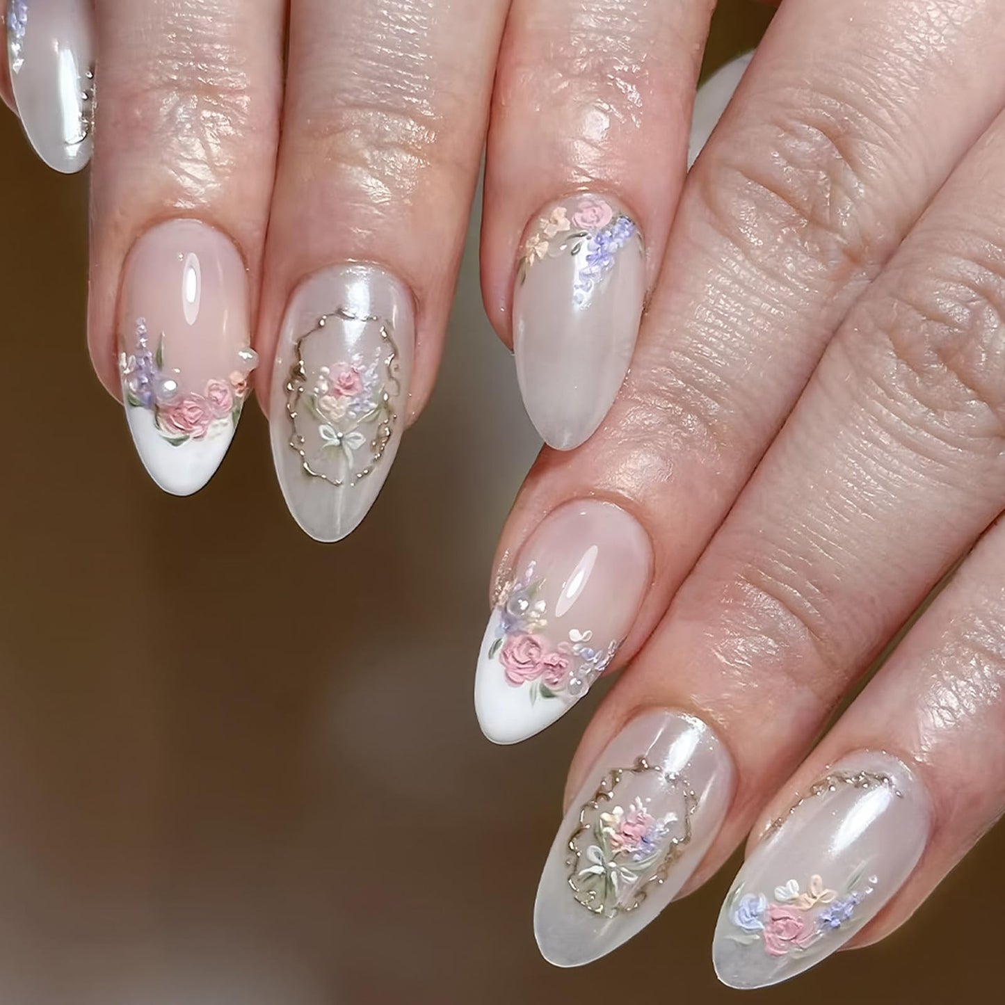Spring Flower Press on False Nails White French Tip Fake Nails Medium Almond Glue on Nails with Retro Flower, Gold Striped, 3D Pearl Designs Press ons Stick on Nail for Women Manicure 30Pcs