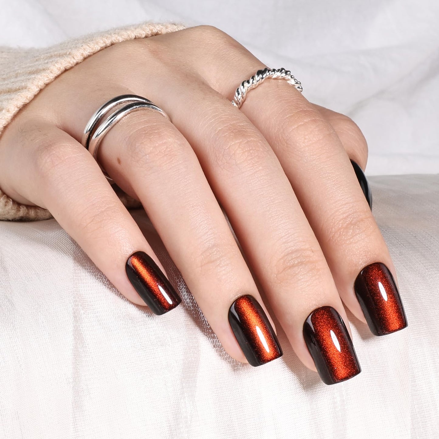 Red Brown Cat Eye Press On Nails - Short Square Cat Eye Nails Press Ons for Women Fake Nails with Glue, Glossy Reusable Glue on Nail in 16 Sizes - 32pcs